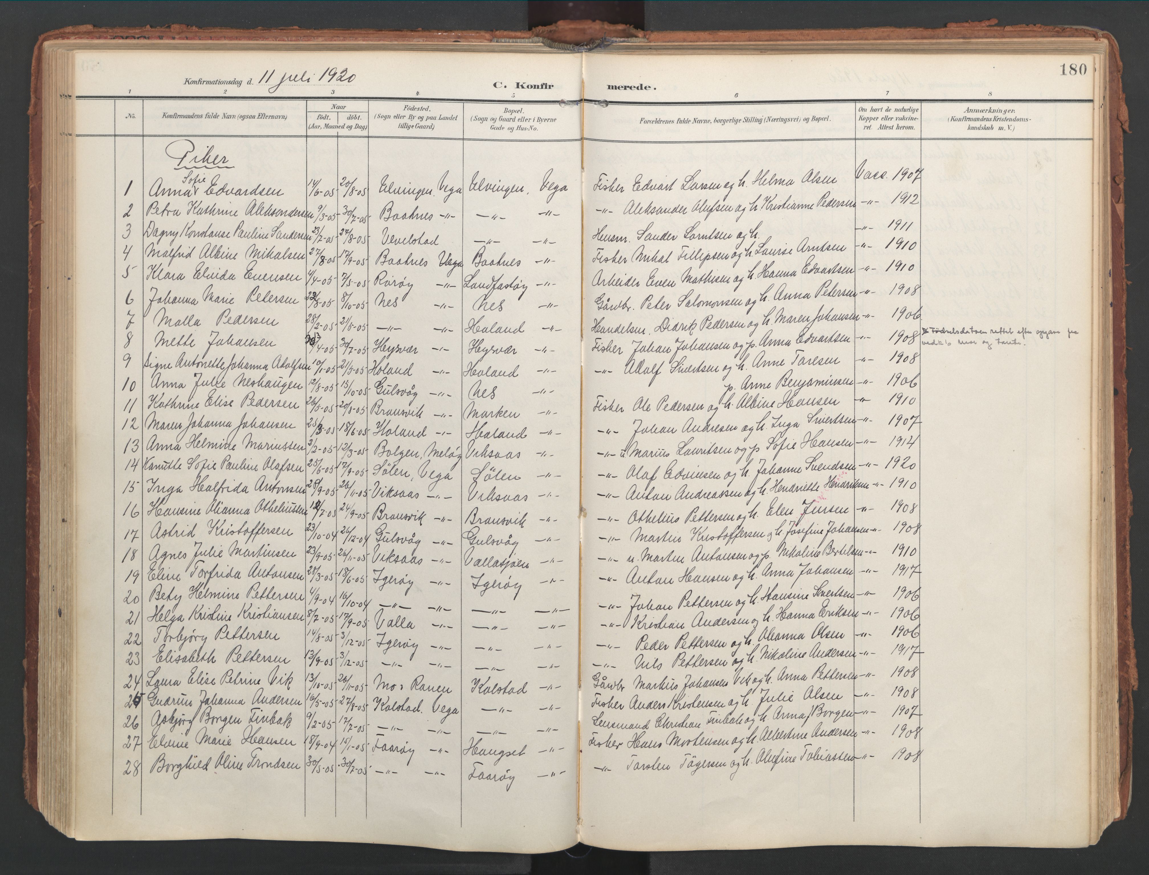 Ministerialprotokoller, klokkerbøker og fødselsregistre - Nordland, AV/SAT-A-1459/816/L0250: Parish register (official) no. 816A16, 1903-1923, p. 180