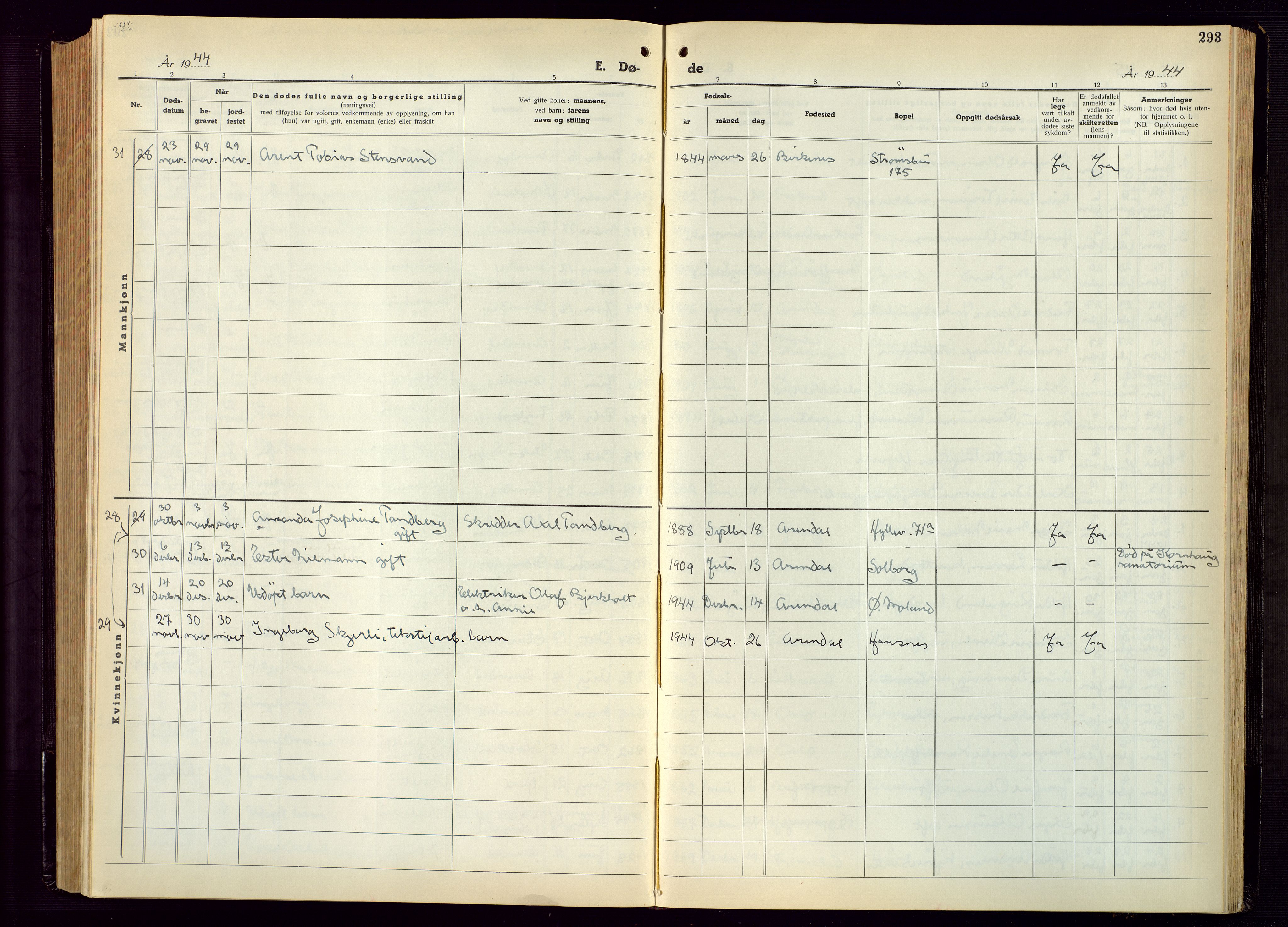 Arendal sokneprestkontor, Trefoldighet, AV/SAK-1111-0040/F/Fb/L0009: Parish register (copy) no. B 9, 1940-1949, p. 293