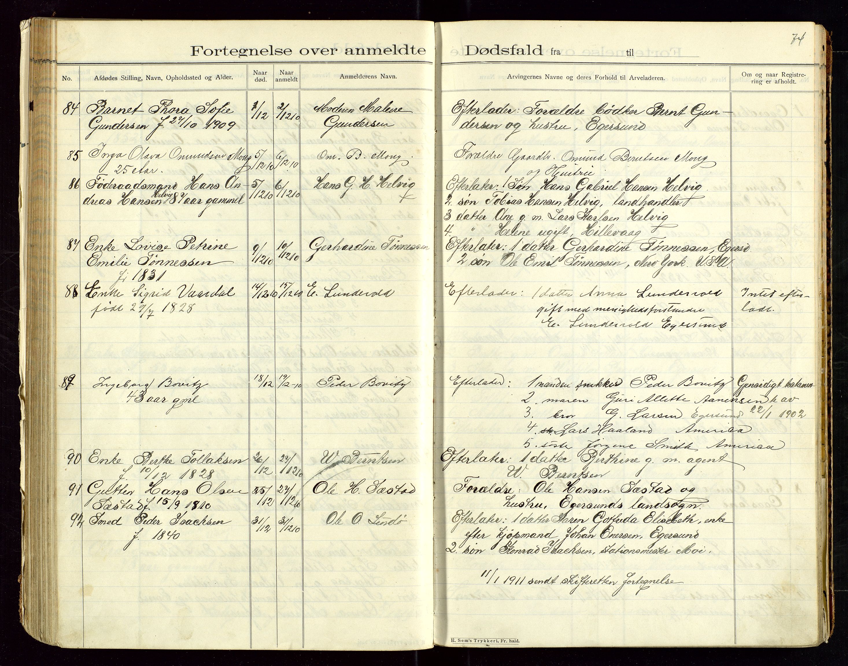 Eigersund lensmannskontor, SAST/A-100171/Gga/L0005: "Dødsfalds-Protokol" m/alfabetisk navneregister, 1905-1913, p. 74