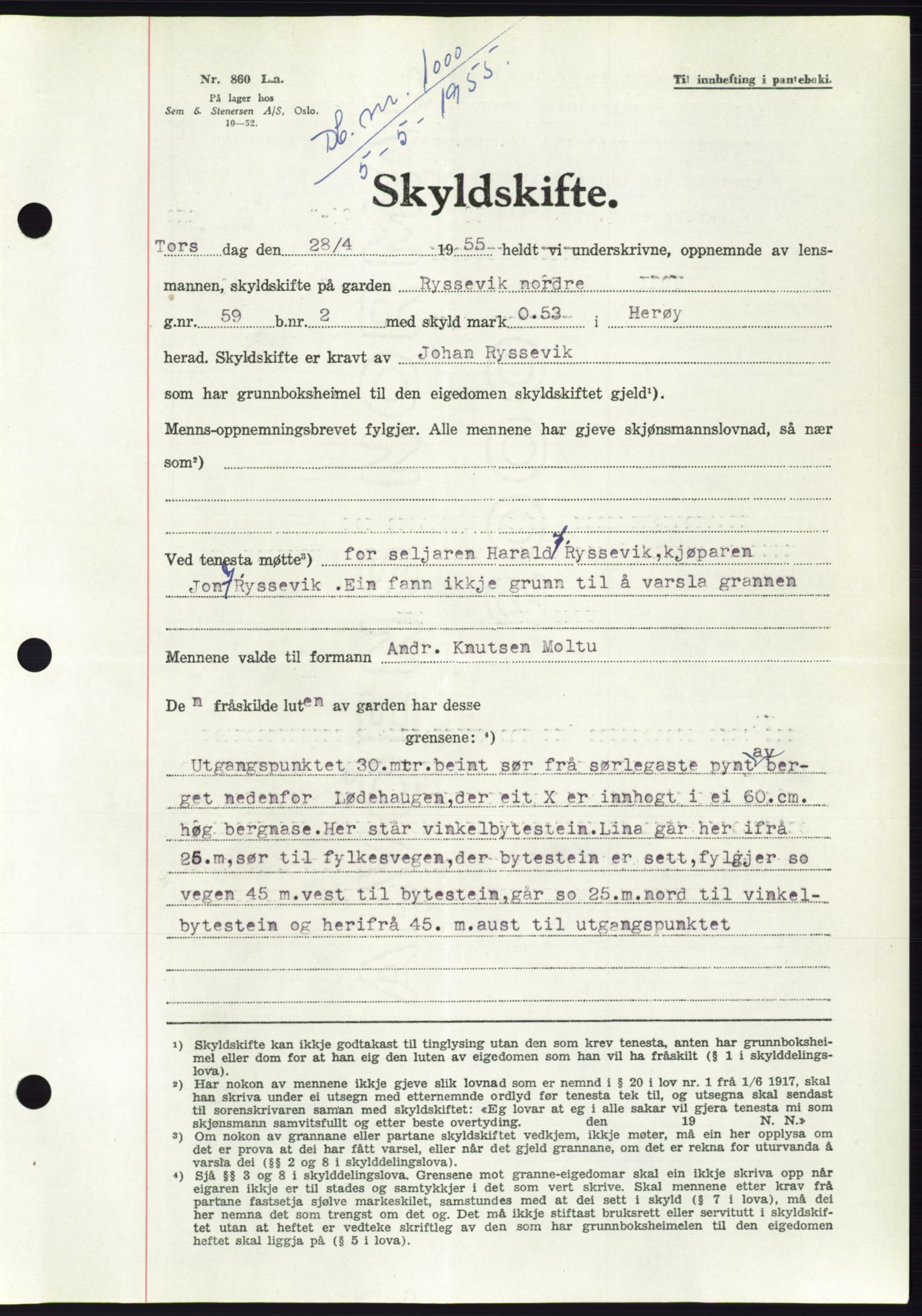 Søre Sunnmøre sorenskriveri, AV/SAT-A-4122/1/2/2C/L0100: Mortgage book no. 26A, 1954-1955, Diary no: : 1000/1955