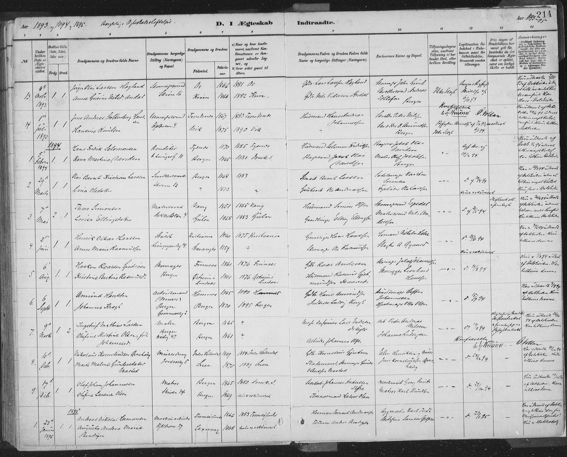 Domkirken sokneprestembete, SAB/A-74801/H/Hab/L0032: Parish register (copy) no. D 4, 1880-1907, p. 214