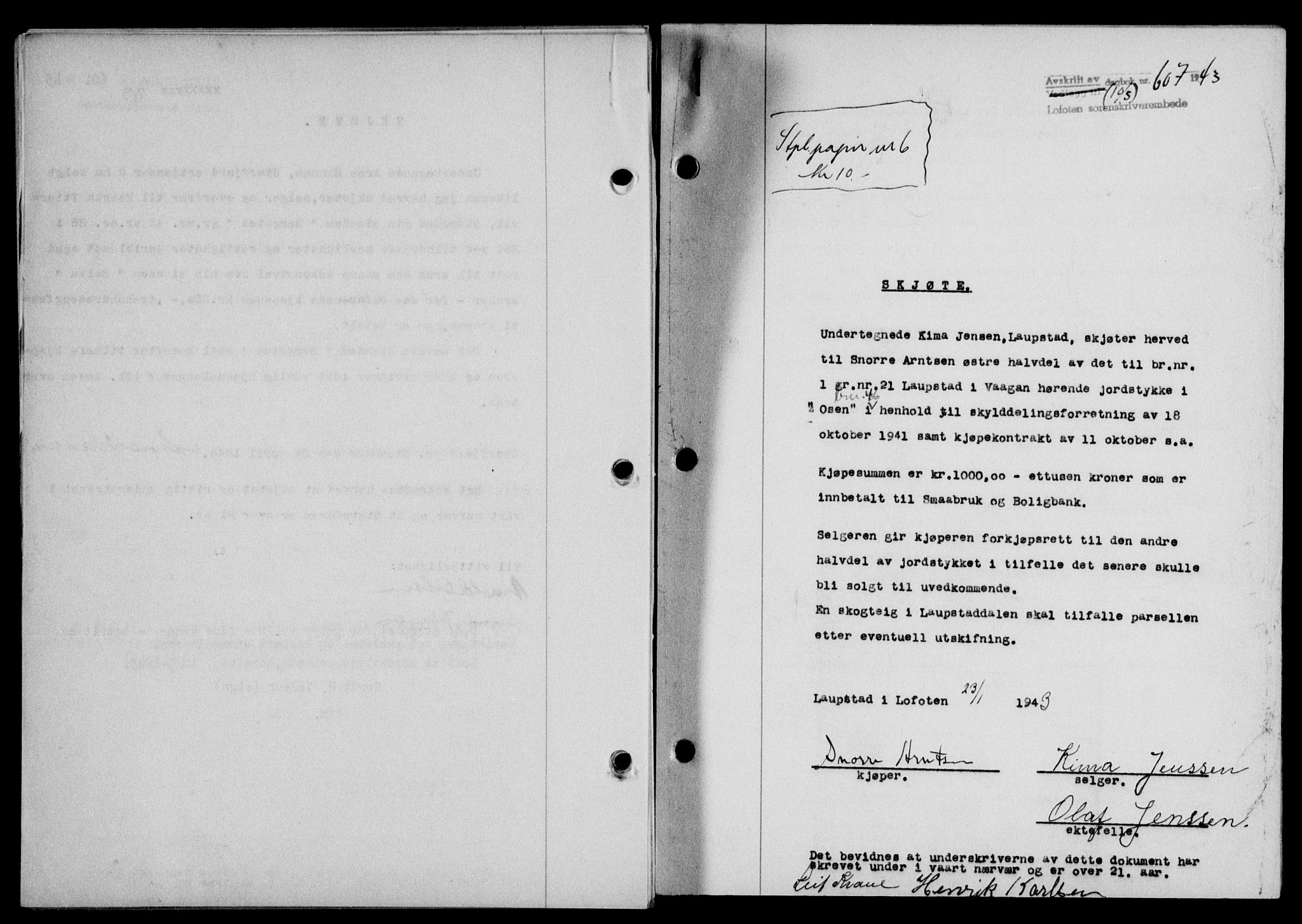 Lofoten sorenskriveri, SAT/A-0017/1/2/2C/L0011a: Mortgage book no. 11a, 1943-1943, Diary no: : 607/1943