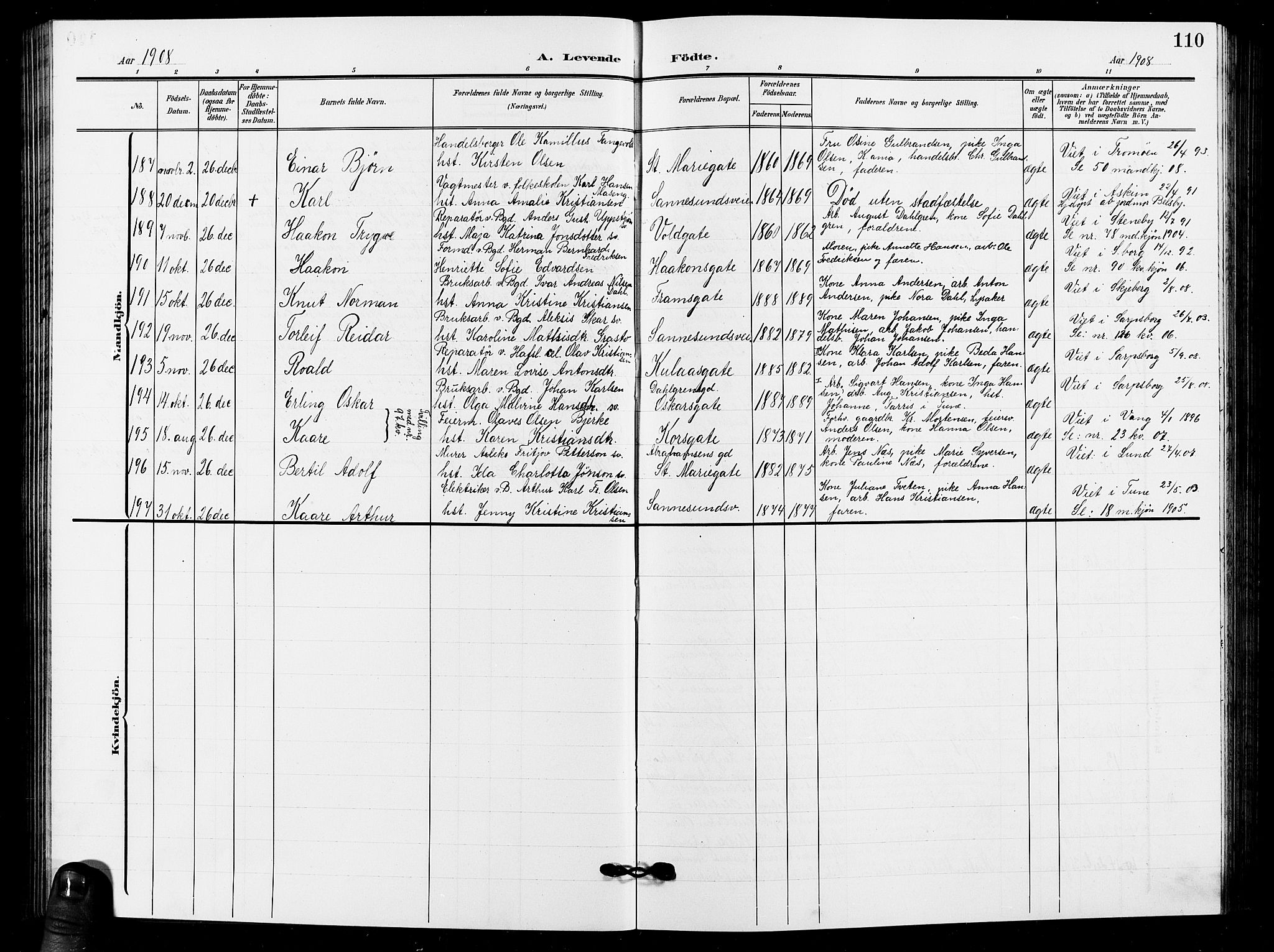 Sarpsborg prestekontor Kirkebøker, SAO/A-2006/G/Ga/L0001: Parish register (copy) no. 1, 1902-1911, p. 110