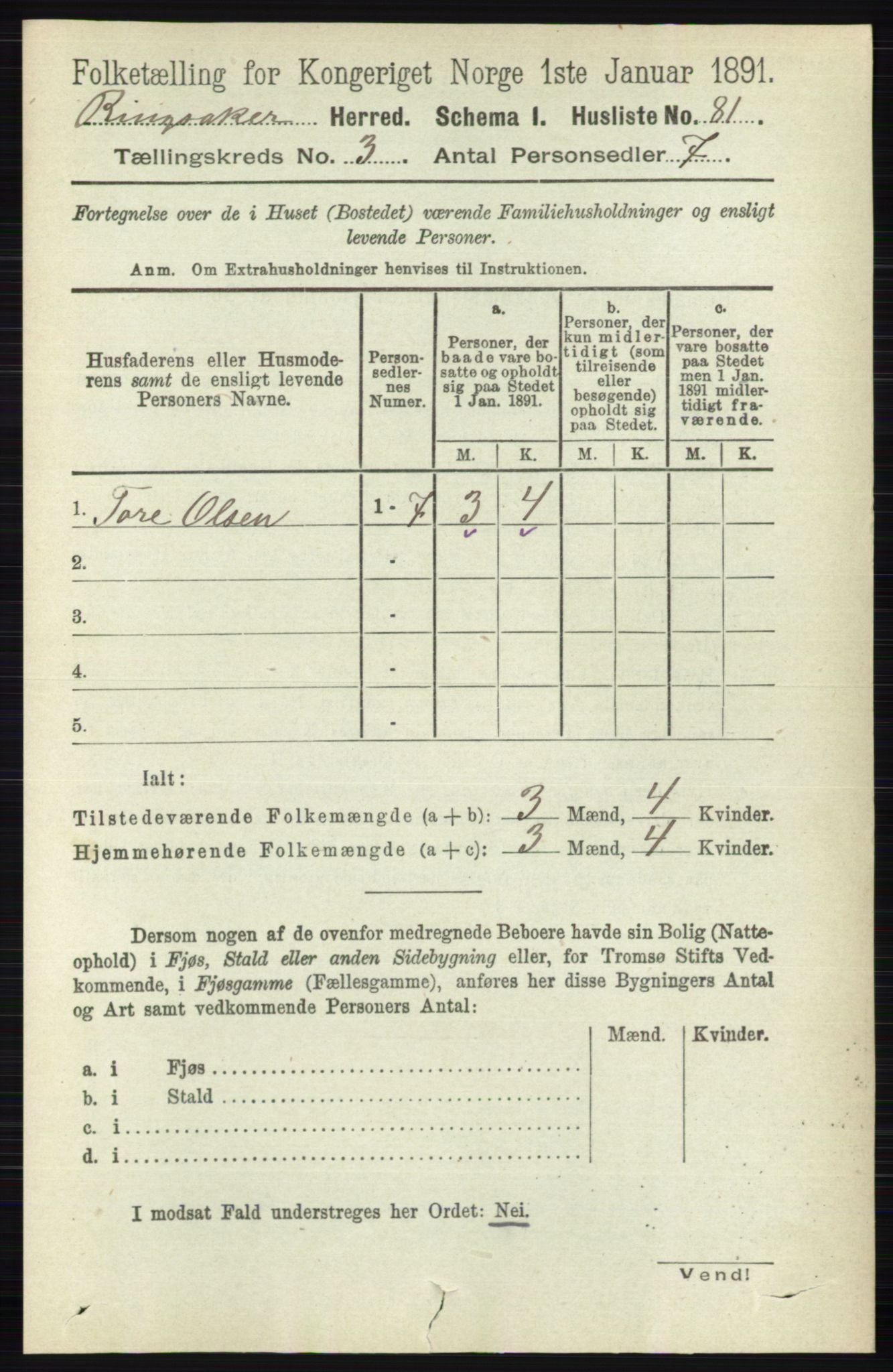 RA, 1891 census for 0412 Ringsaker, 1891, p. 1242