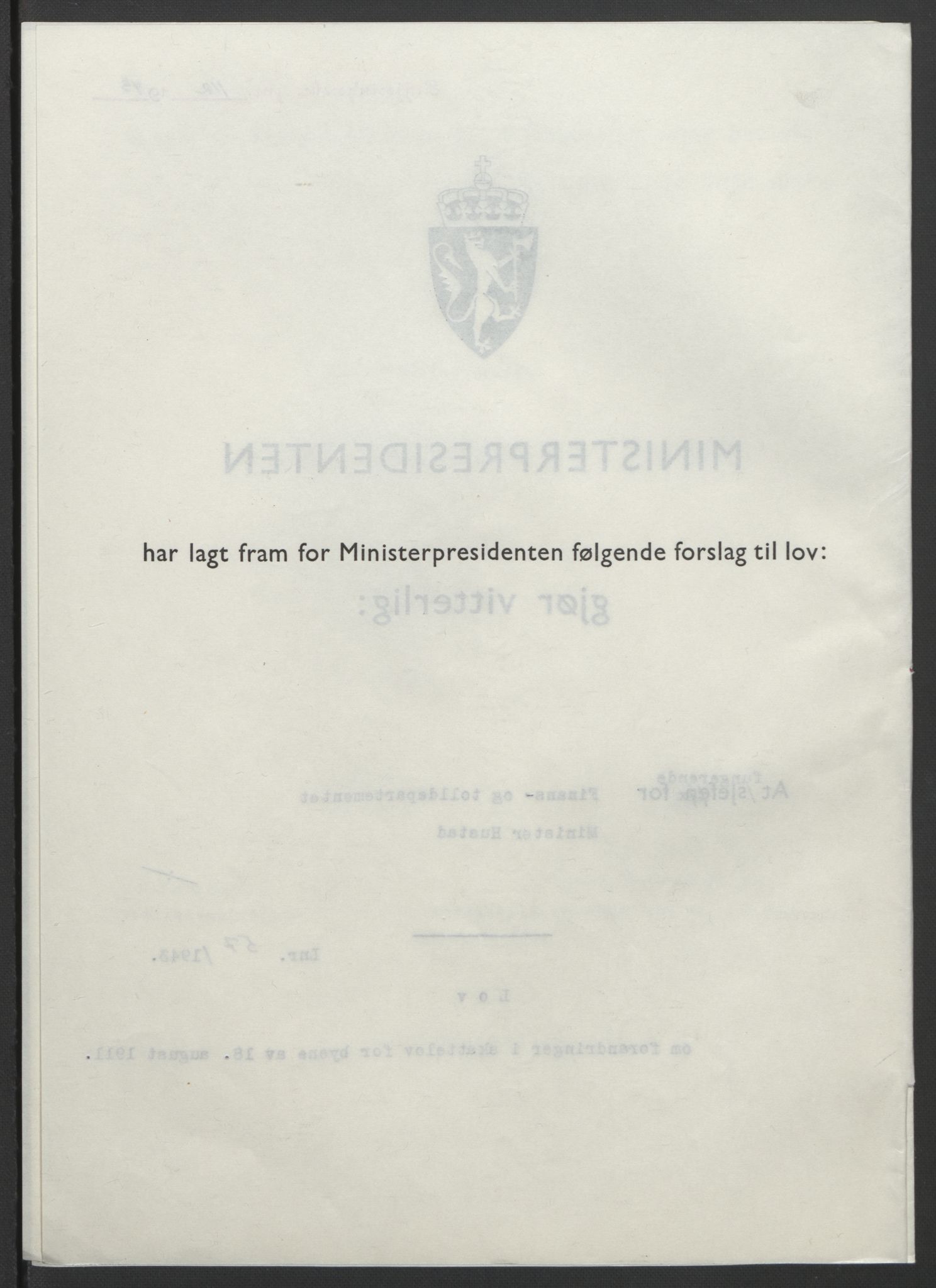 NS-administrasjonen 1940-1945 (Statsrådsekretariatet, de kommisariske statsråder mm), RA/S-4279/D/Db/L0099: Lover, 1943, p. 256