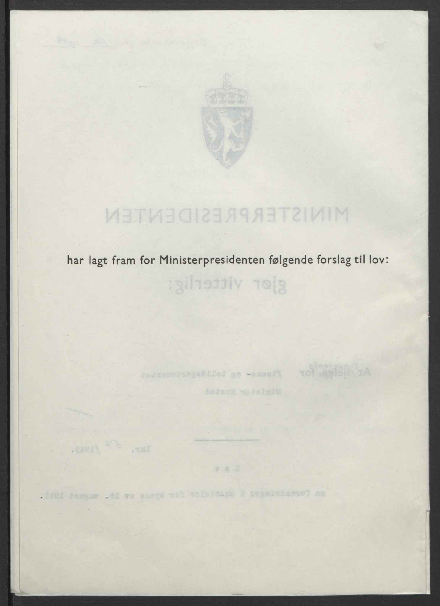 NS-administrasjonen 1940-1945 (Statsrådsekretariatet, de kommisariske statsråder mm), AV/RA-S-4279/D/Db/L0099: Lover, 1943, p. 256