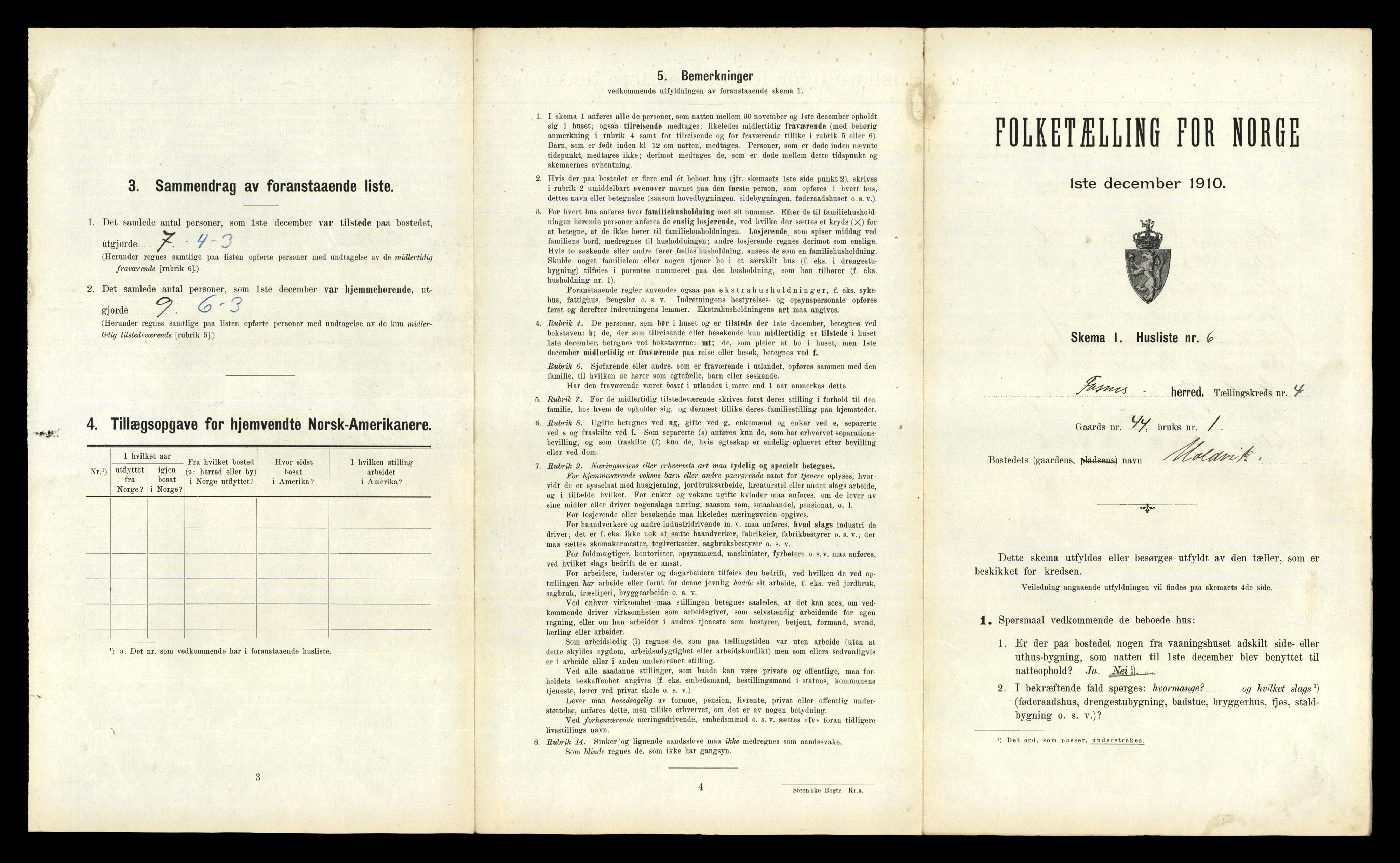 RA, 1910 census for Fosnes, 1910, p. 173