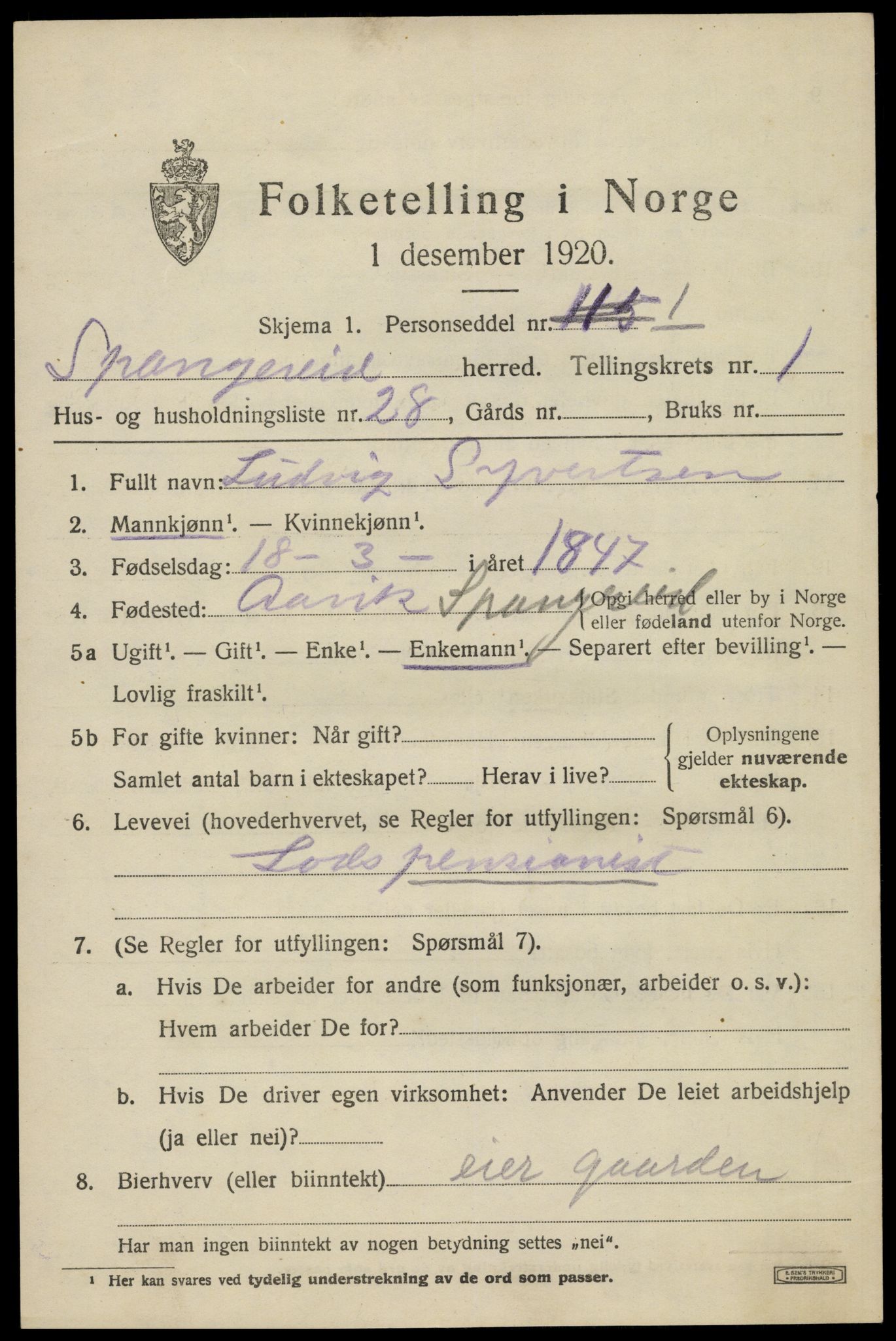 SAK, 1920 census for Spangereid, 1920, p. 1051