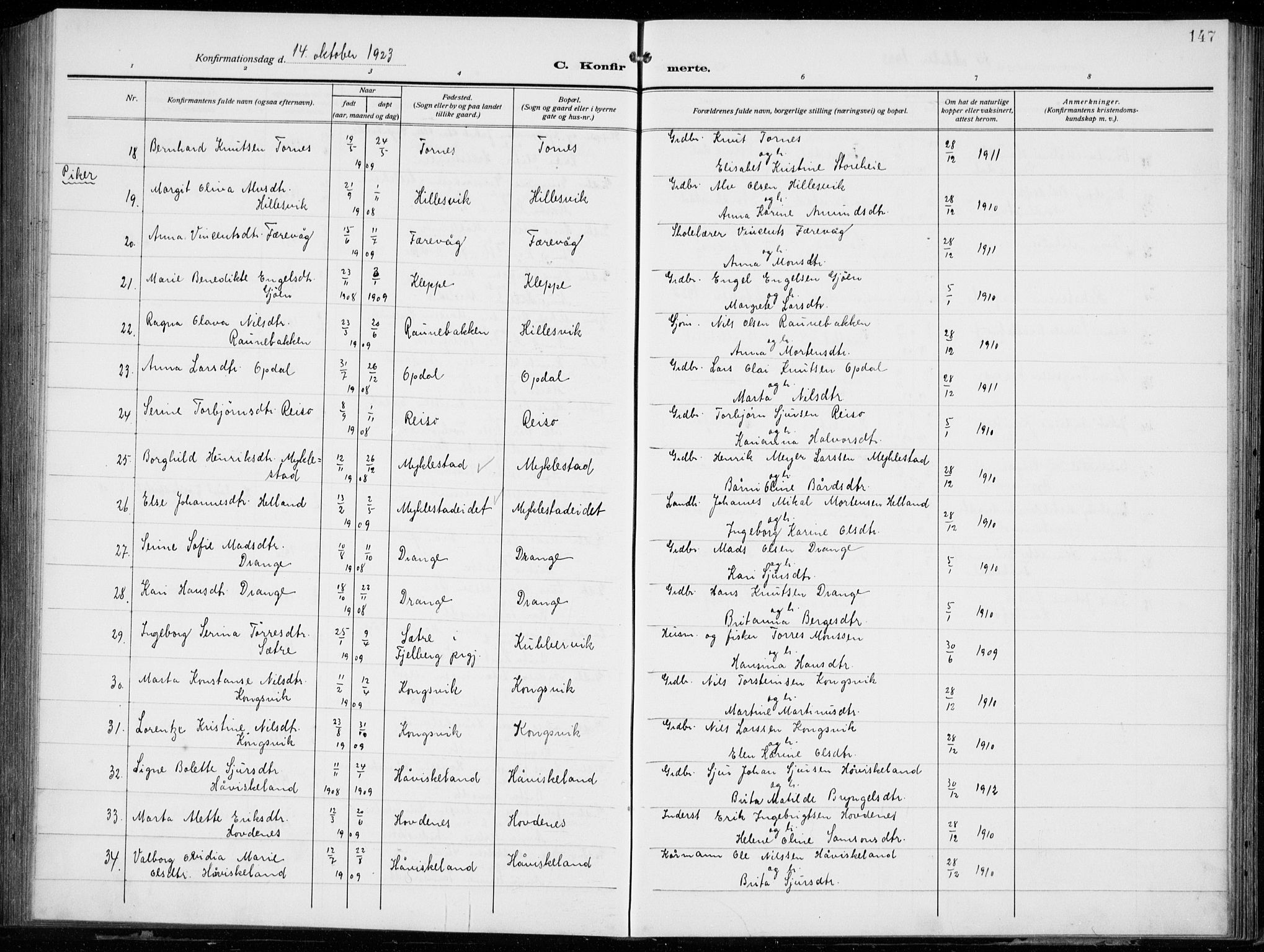 Tysnes sokneprestembete, SAB/A-78601/H/Hab: Parish register (copy) no. E  4, 1912-1936, p. 147