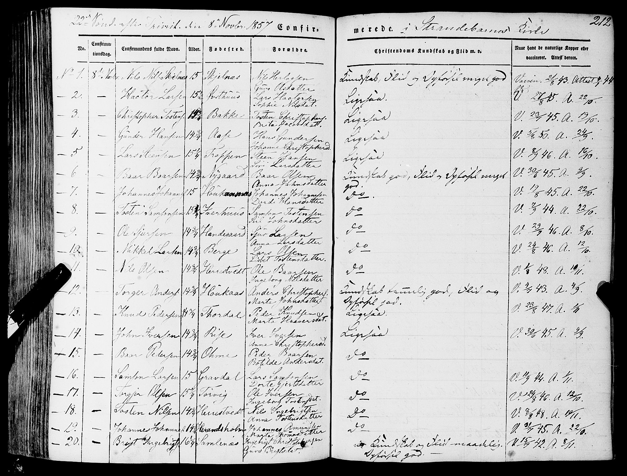 Strandebarm sokneprestembete, SAB/A-78401/H/Haa: Parish register (official) no. A 7, 1844-1872, p. 212
