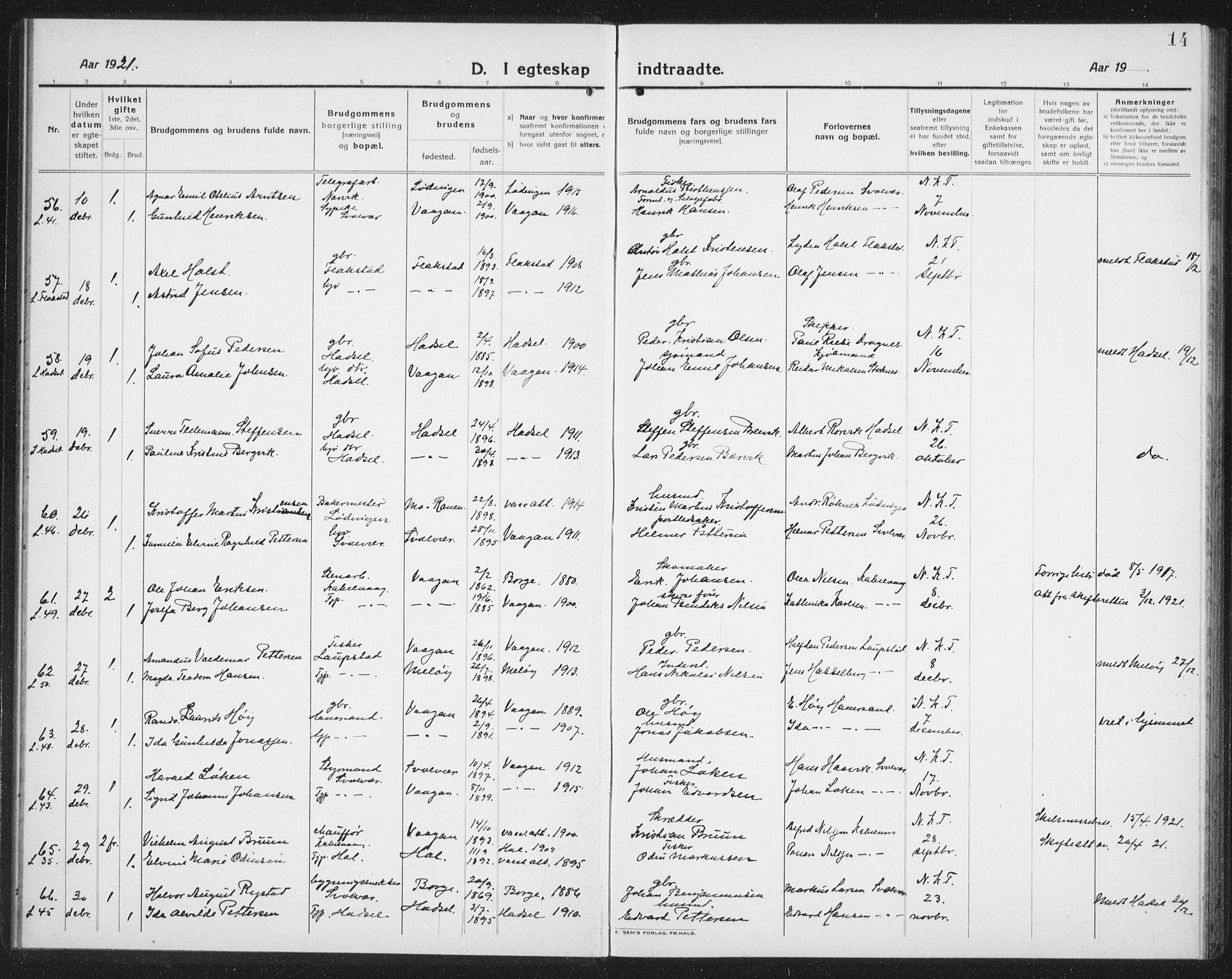 Ministerialprotokoller, klokkerbøker og fødselsregistre - Nordland, AV/SAT-A-1459/874/L1082: Parish register (copy) no. 874C11, 1920-1939, p. 14