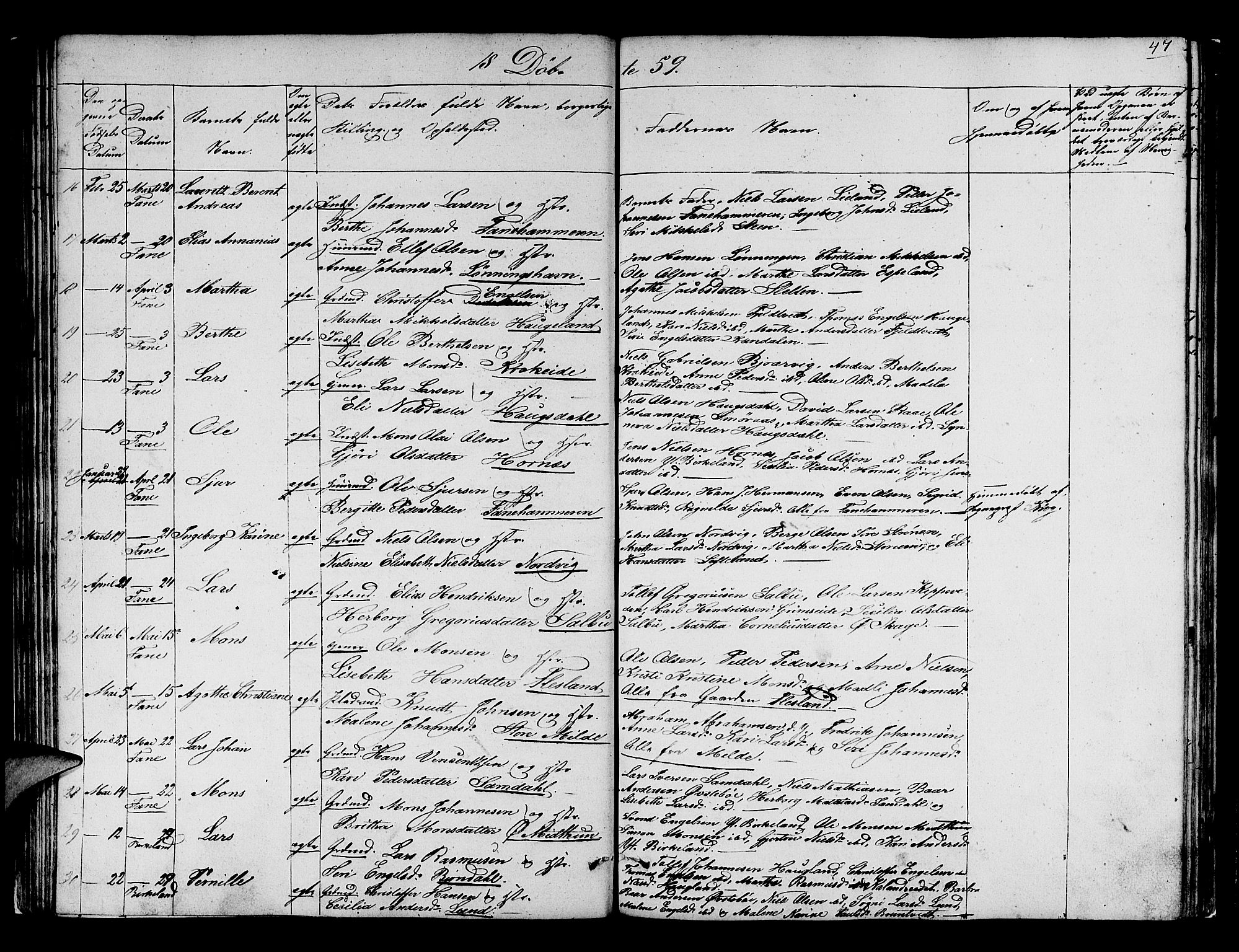 Fana Sokneprestembete, SAB/A-75101/H/Hab/Habb/L0002: Parish register (copy) no. B 2, 1851-1860, p. 47