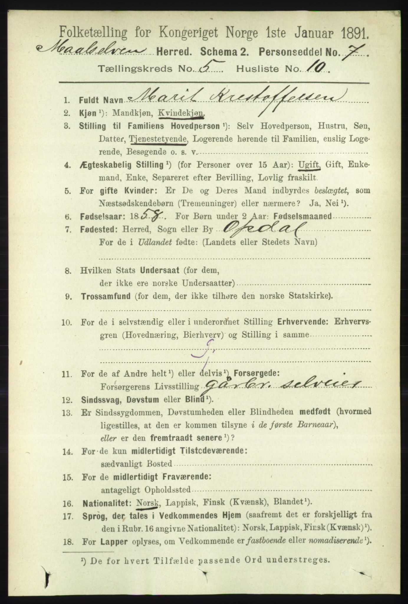RA, 1891 census for 1924 Målselv, 1891, p. 1694