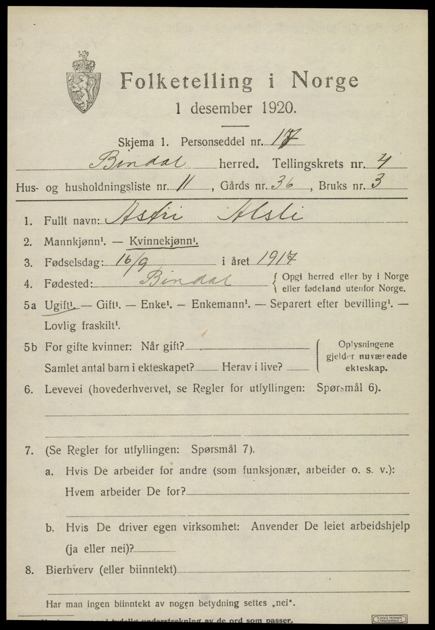 SAT, 1920 census for Bindal, 1920, p. 3491