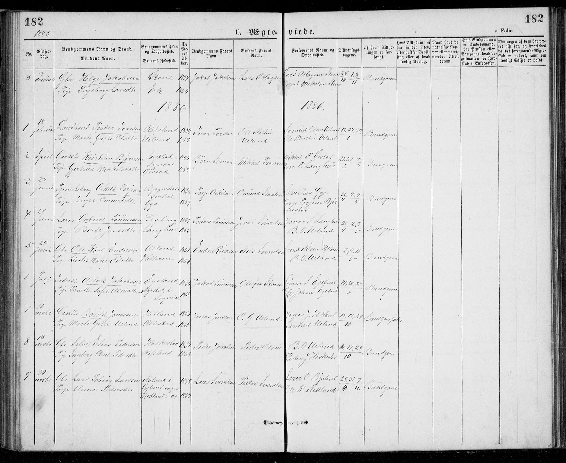 Lund sokneprestkontor, SAST/A-101809/S07/L0005: Parish register (copy) no. B 5, 1875-1889, p. 182