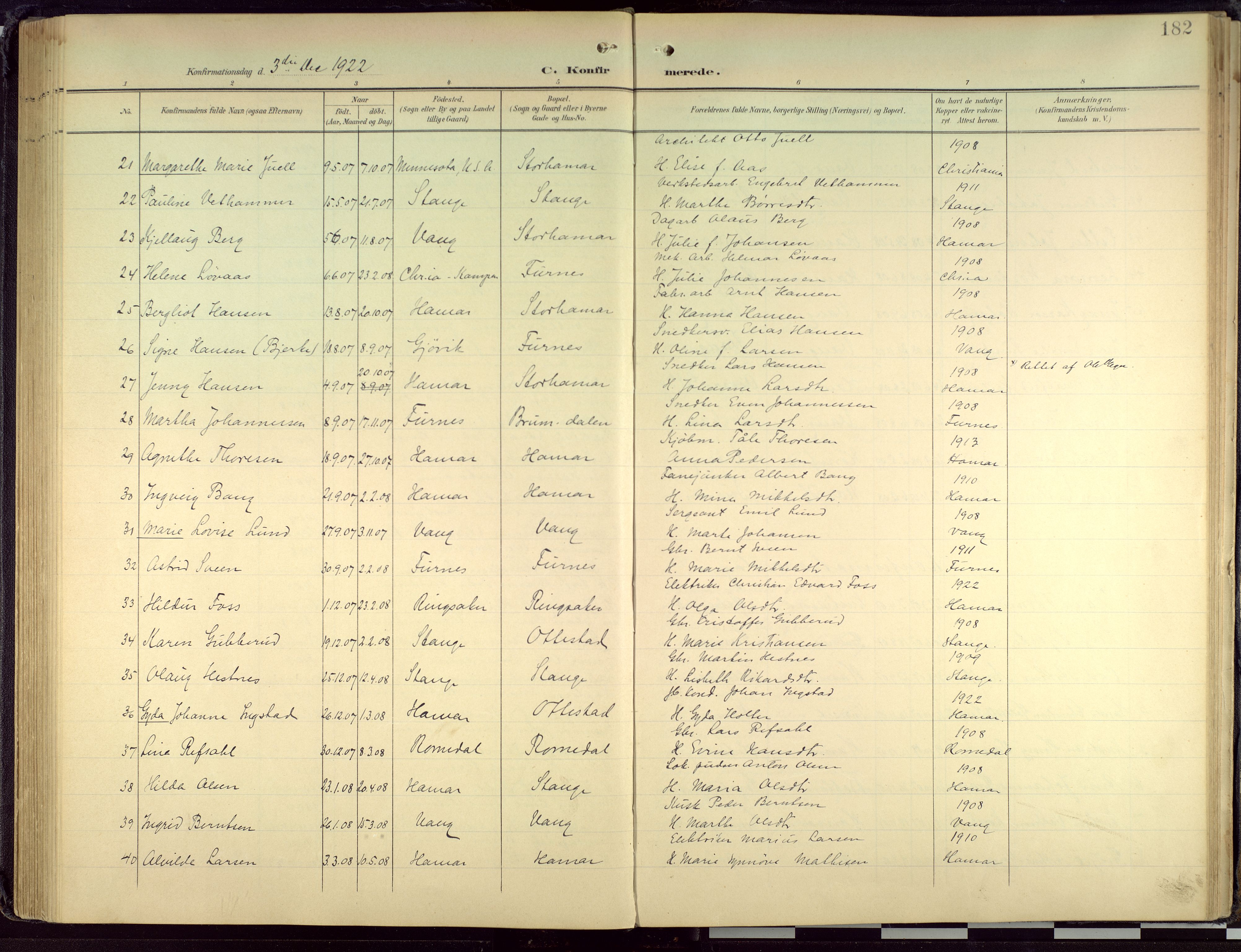 Hamar prestekontor, SAH/DOMPH-002/H/Ha/Haa/L0004: Parish register (official) no. 4, 1899-1973, p. 182