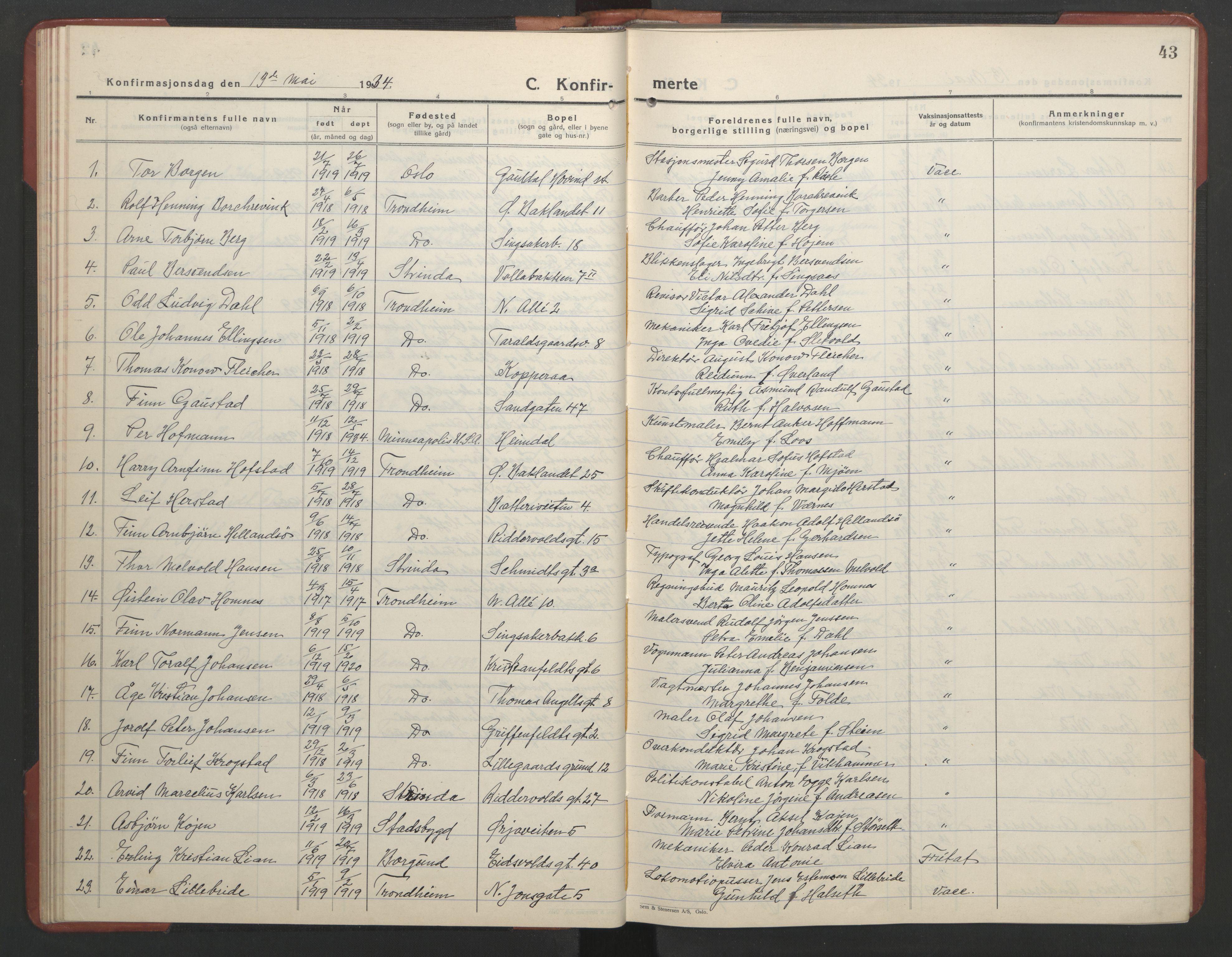 Ministerialprotokoller, klokkerbøker og fødselsregistre - Sør-Trøndelag, SAT/A-1456/602/L0151: Parish register (copy) no. 602C19, 1925-1951, p. 43