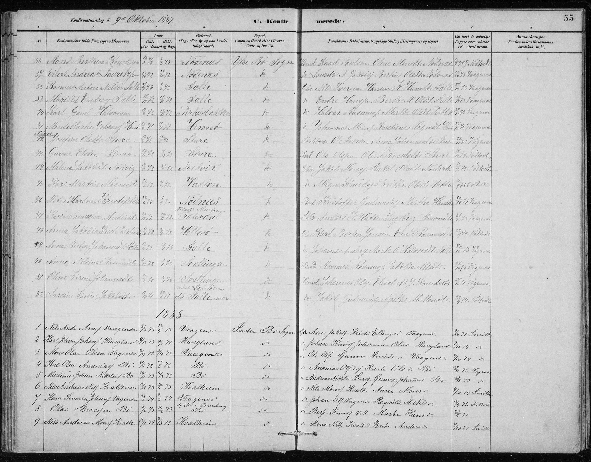 Manger sokneprestembete, SAB/A-76801/H/Hab: Parish register (copy) no. B 2, 1882-1890, p. 55