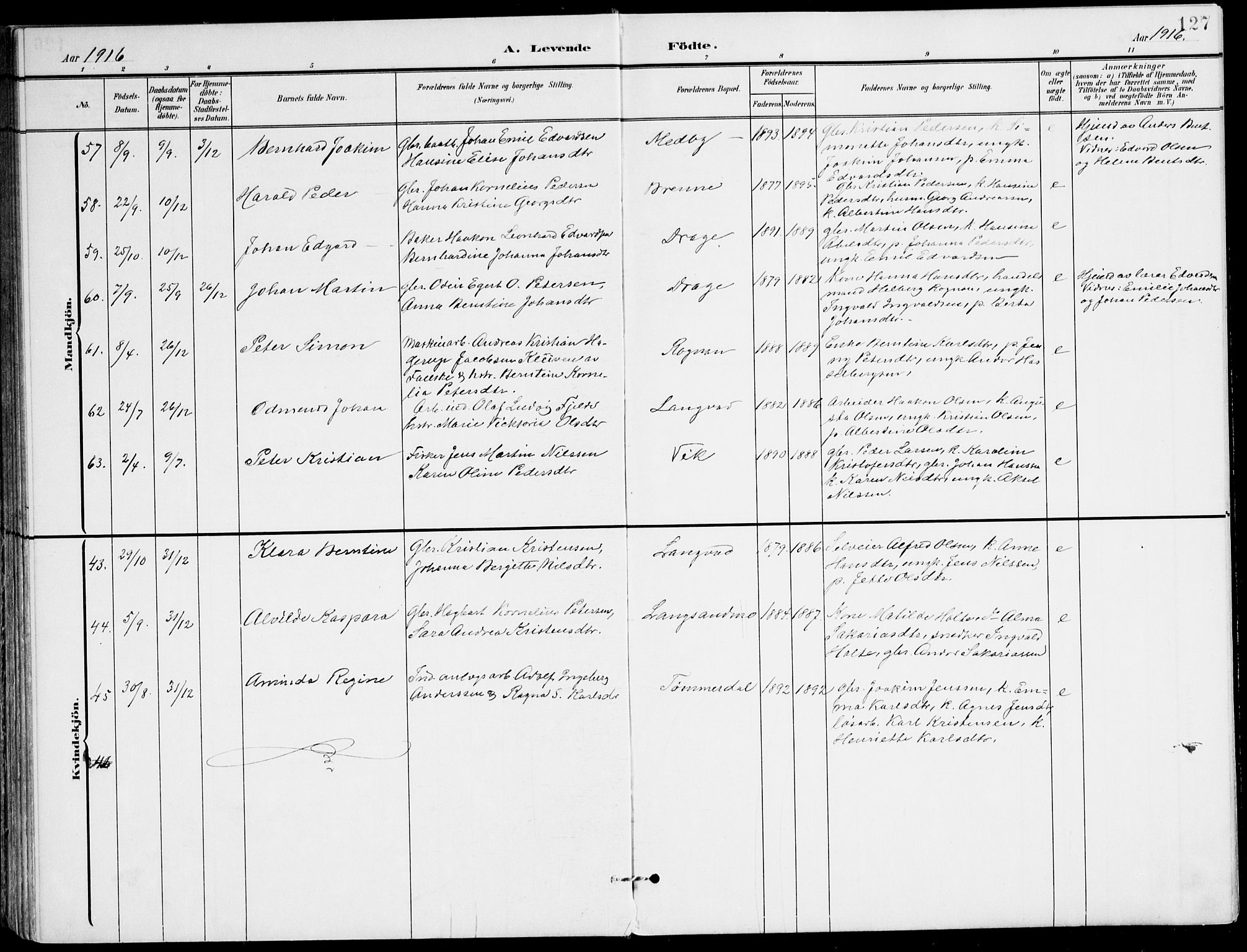 Ministerialprotokoller, klokkerbøker og fødselsregistre - Nordland, AV/SAT-A-1459/847/L0672: Parish register (official) no. 847A12, 1902-1919, p. 127