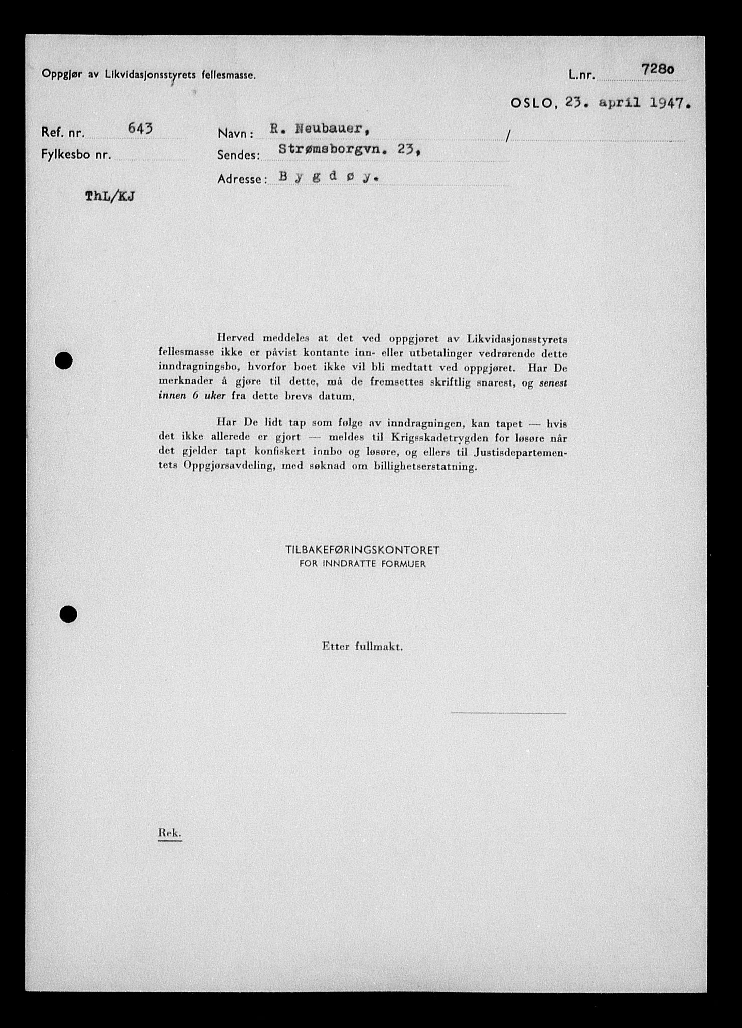 Justisdepartementet, Tilbakeføringskontoret for inndratte formuer, RA/S-1564/H/Hc/Hcc/L0967: --, 1945-1947, p. 251