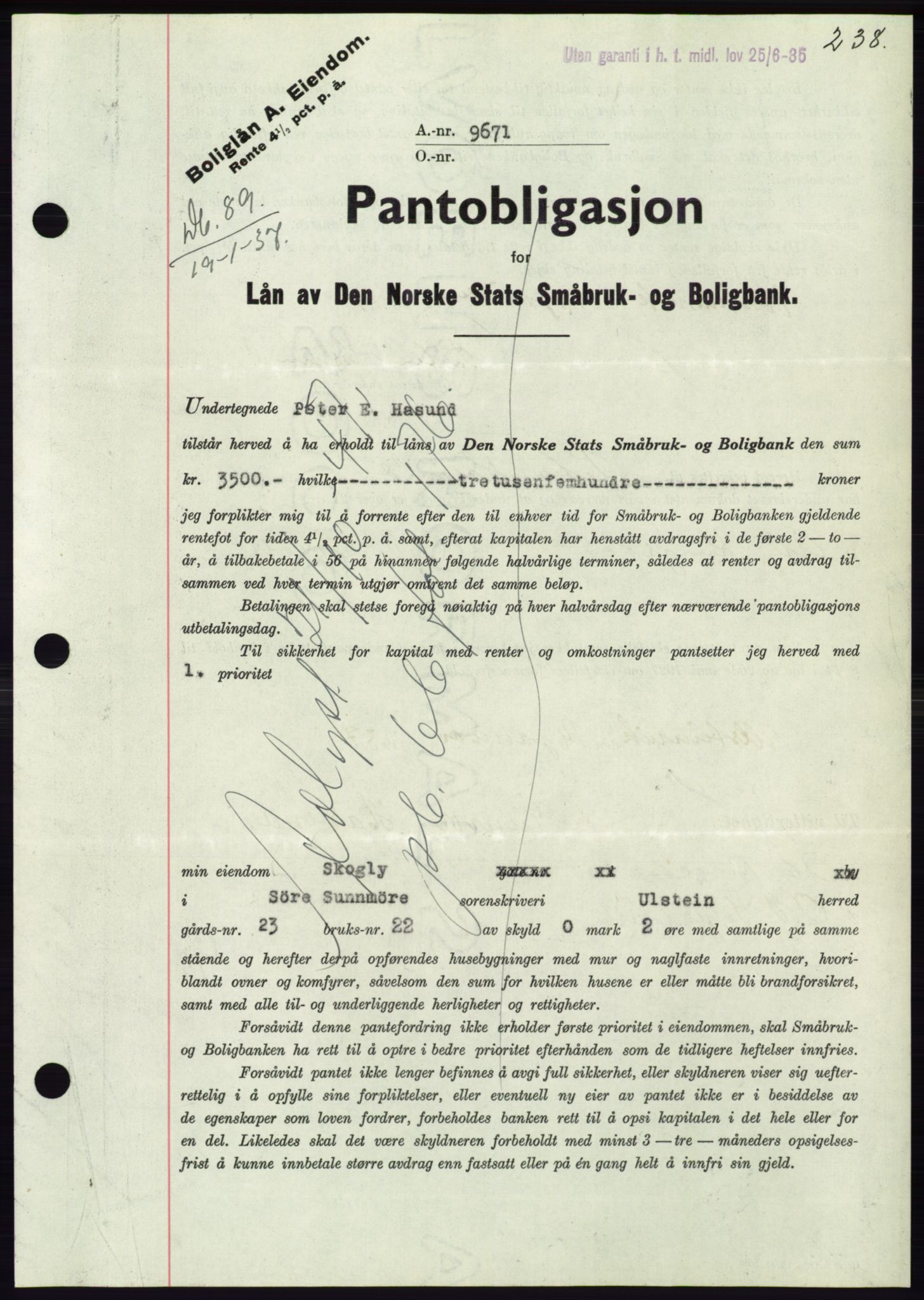 Søre Sunnmøre sorenskriveri, AV/SAT-A-4122/1/2/2C/L0062: Mortgage book no. 56, 1936-1937, Diary no: : 89/1937