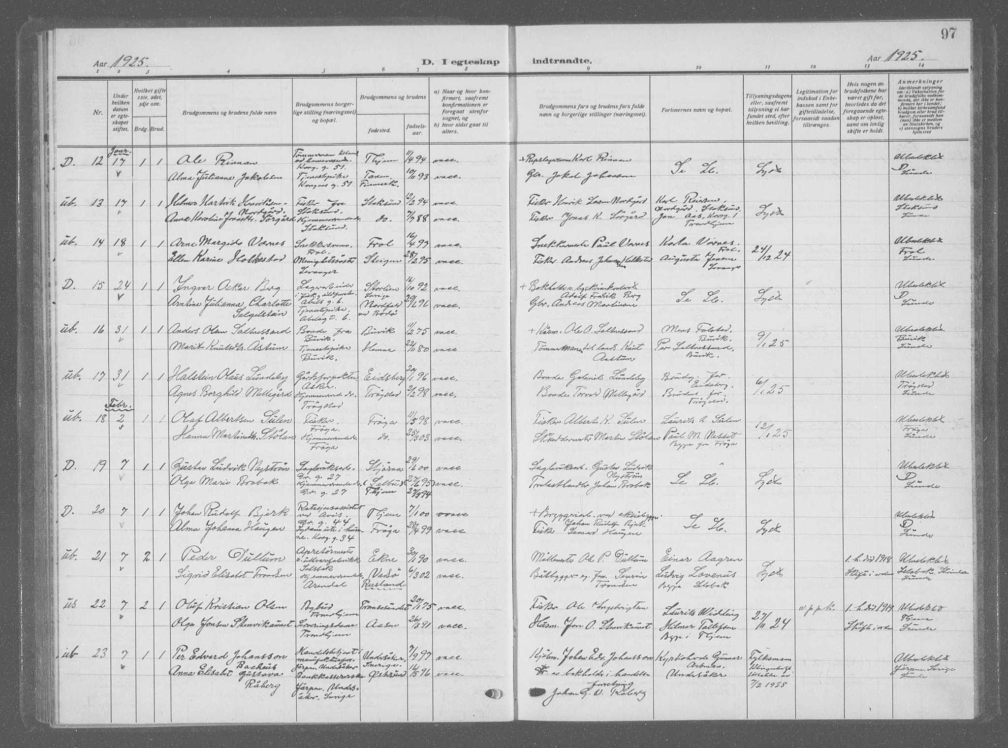 Ministerialprotokoller, klokkerbøker og fødselsregistre - Sør-Trøndelag, SAT/A-1456/601/L0098: Parish register (copy) no. 601C16, 1921-1934, p. 97