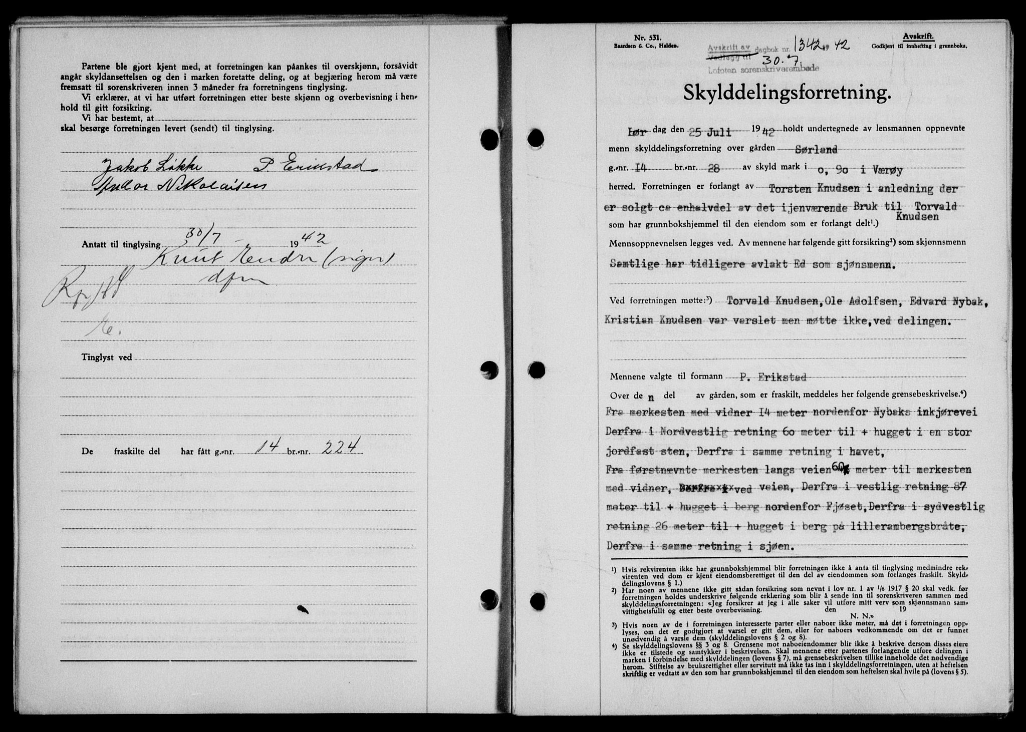 Lofoten sorenskriveri, SAT/A-0017/1/2/2C/L0010a: Mortgage book no. 10a, 1942-1943, Diary no: : 1342/1942
