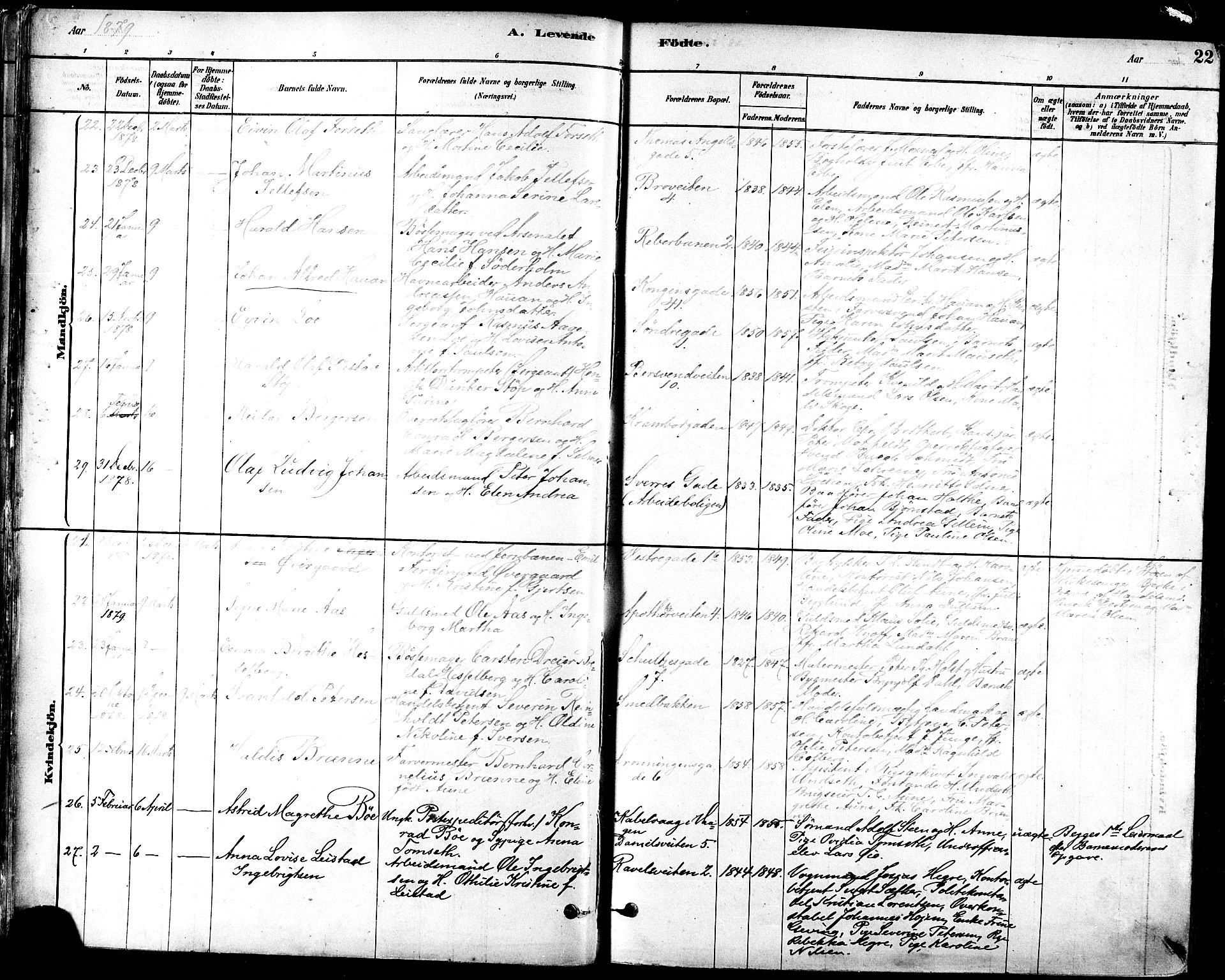 Ministerialprotokoller, klokkerbøker og fødselsregistre - Sør-Trøndelag, SAT/A-1456/601/L0057: Parish register (official) no. 601A25, 1877-1891, p. 22