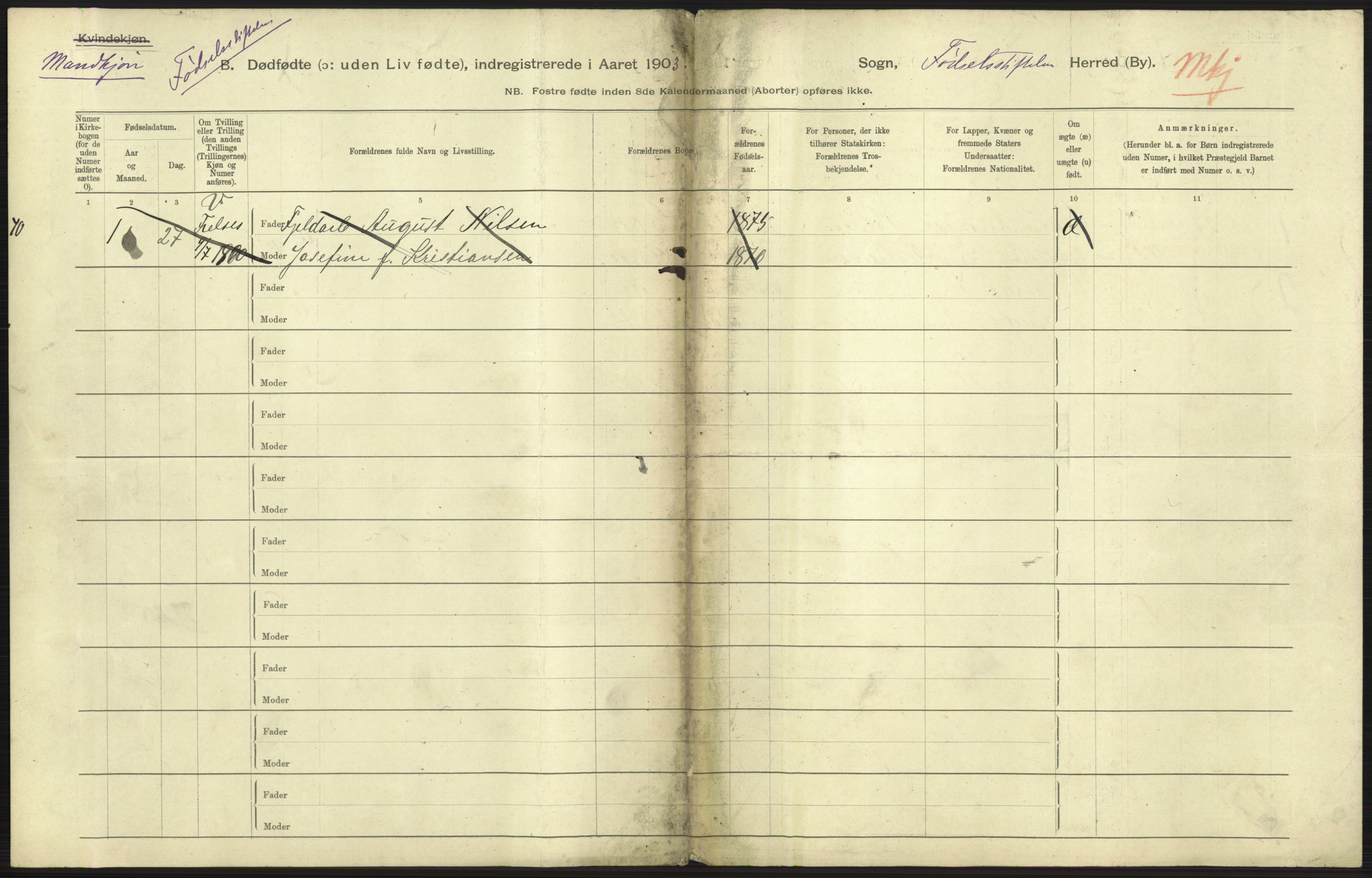 Statistisk sentralbyrå, Sosiodemografiske emner, Befolkning, AV/RA-S-2228/D/Df/Dfa/Dfaa/L0026: Smålenenes - Finnmarkens amt: Dødfødte. Byer., 1903, p. 53