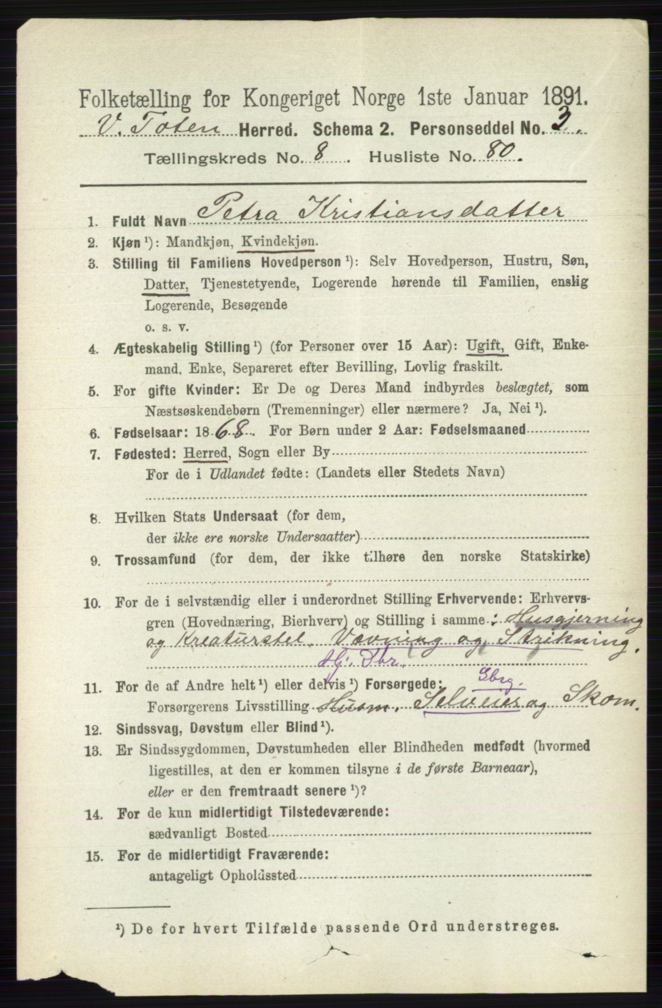RA, 1891 census for 0529 Vestre Toten, 1891, p. 5445