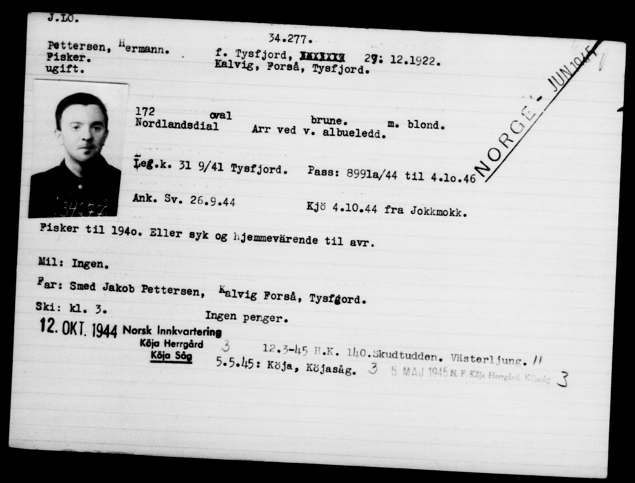 Utenriksstasjonene, Legasjonen i Stockholm, Flyktningkontoret, AV/RA-S-6753/V/Va/L0013: Kjesäterkartoteket, flyktninger med registreringsnr. 31500-34731, 1940-1945, p. 2929