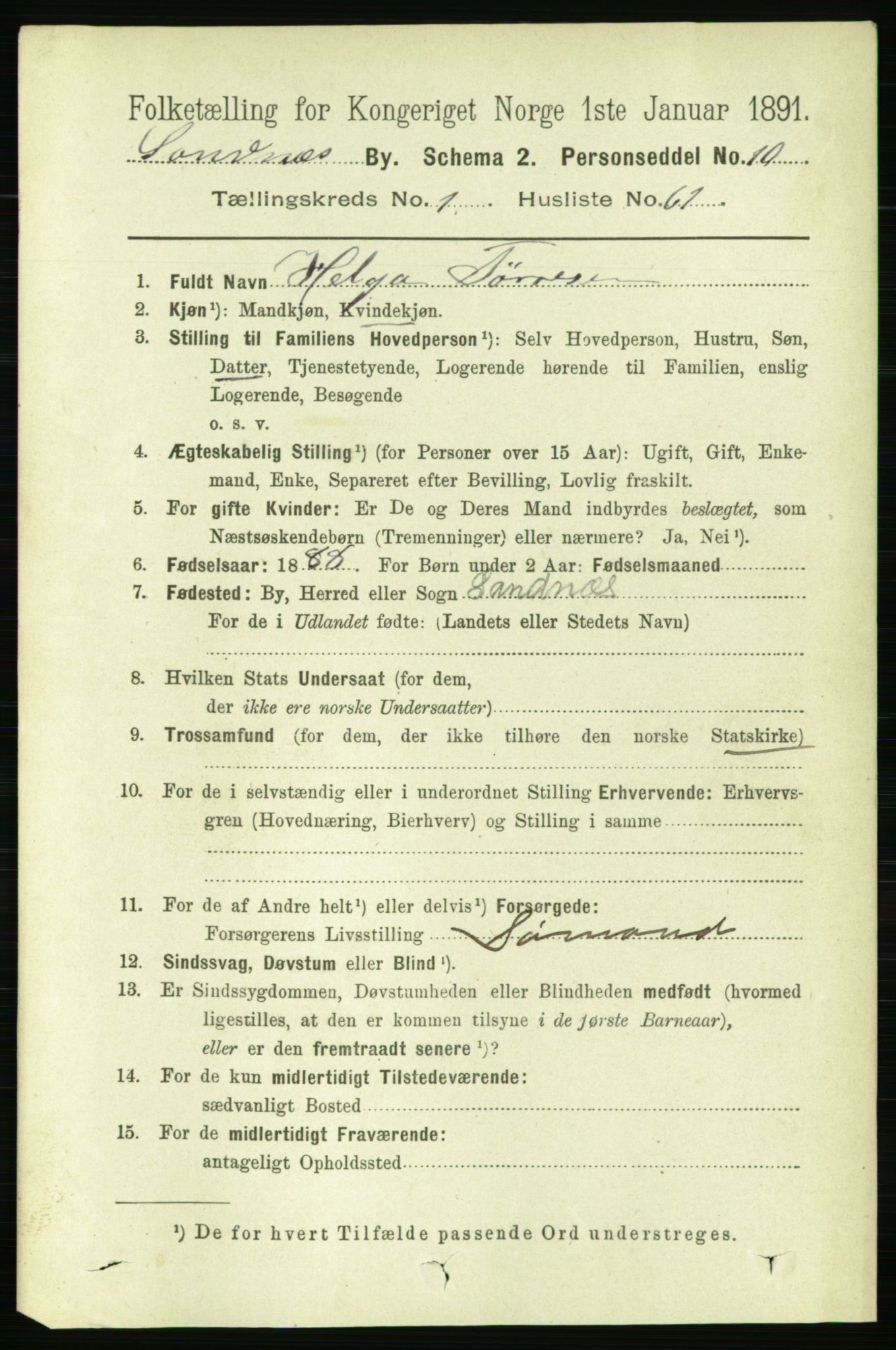 RA, 1891 census for 1102 Sandnes, 1891, p. 930