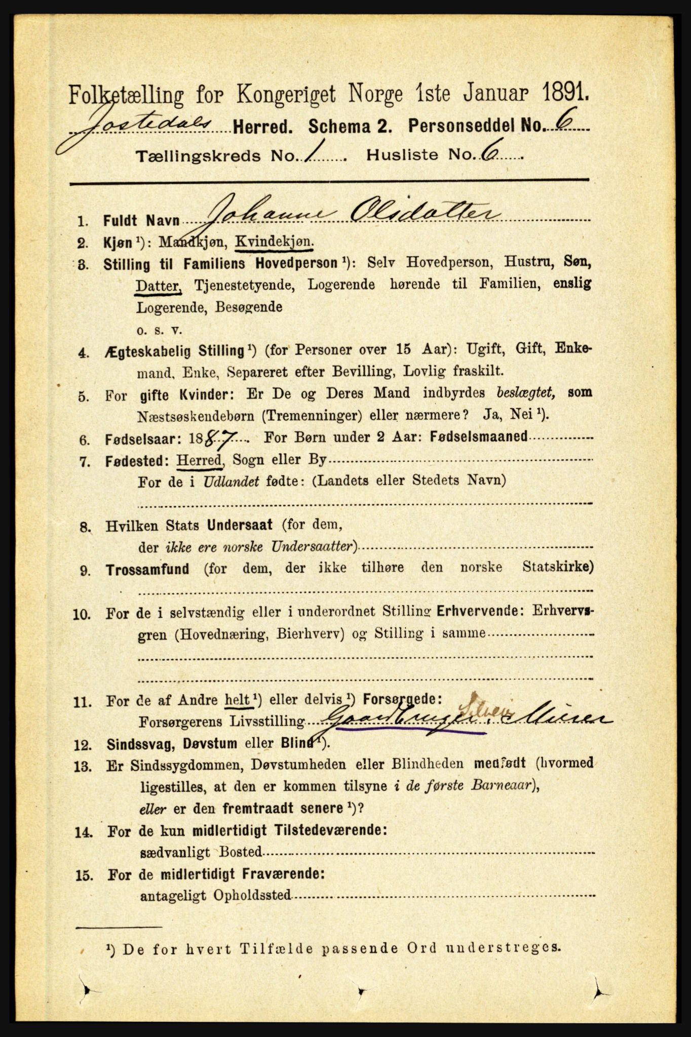 RA, 1891 census for 1427 Jostedal, 1891, p. 113