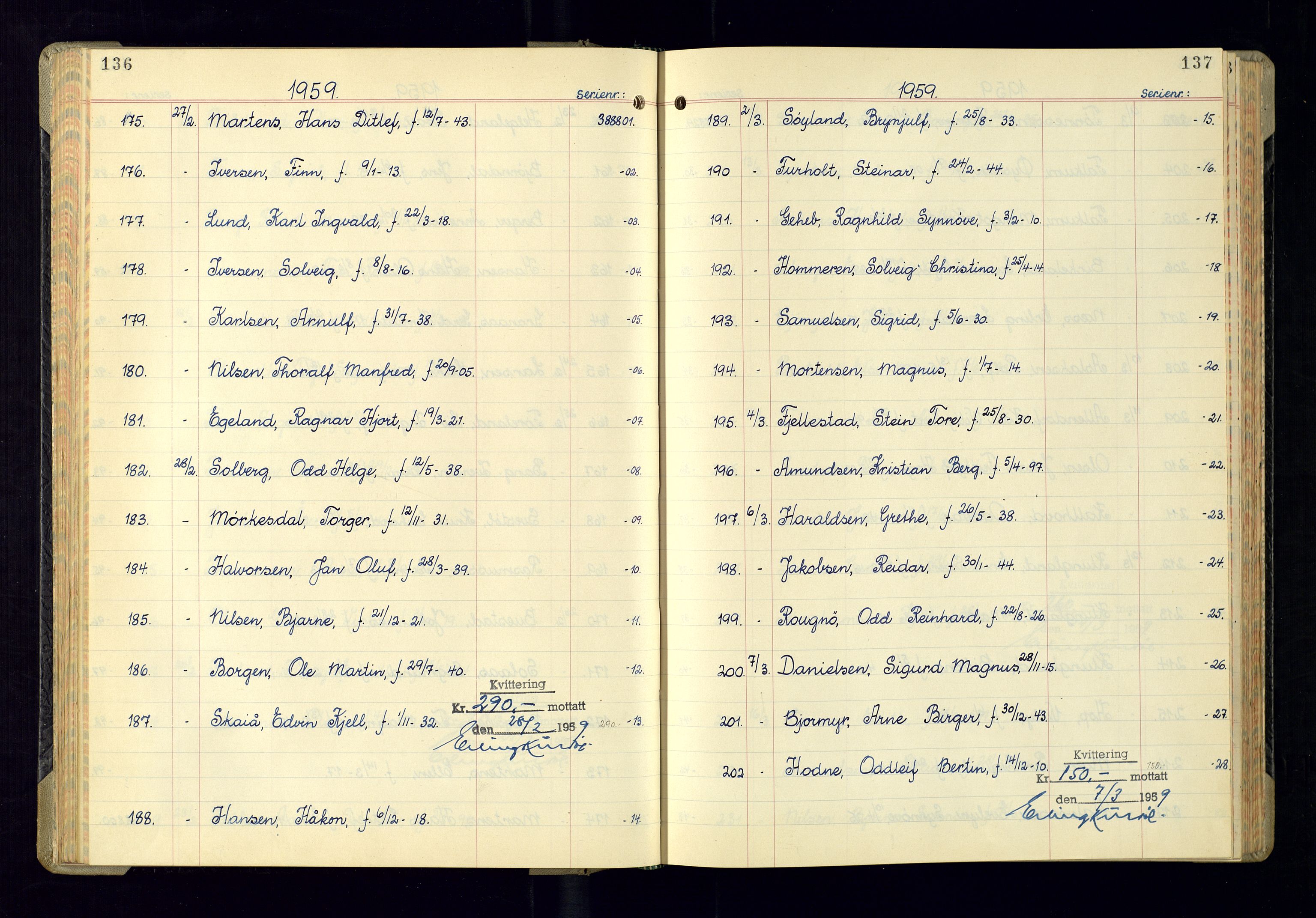 Kristiansand politikammer - 2, AV/SAK-1243-0009/K/Ka/Kaa/L0614: Passprotokoll, liste med løpenumre, 1958-1962, p. 136-137