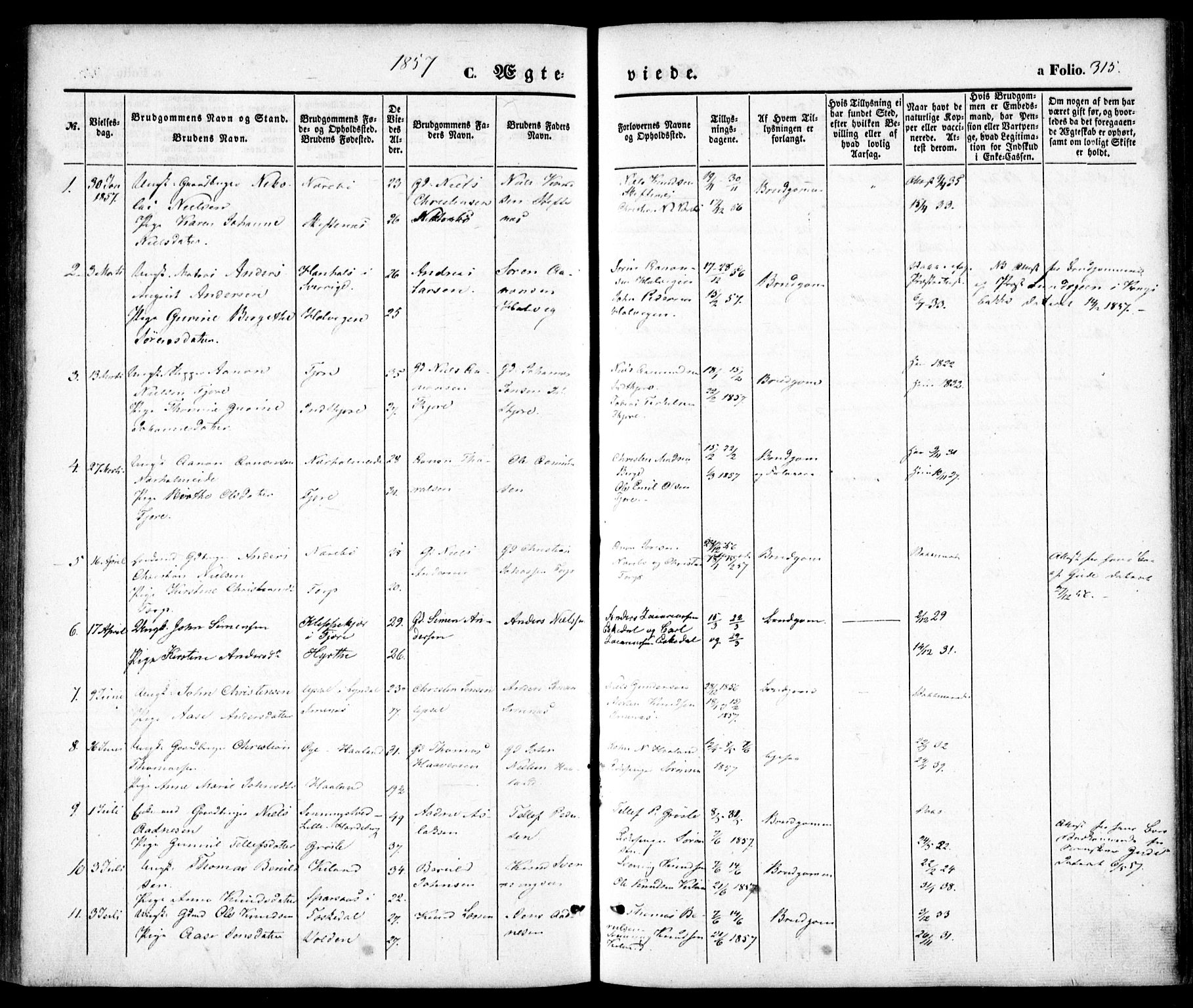 Hommedal sokneprestkontor, SAK/1111-0023/F/Fa/Fab/L0004: Parish register (official) no. A 4, 1848-1860, p. 315