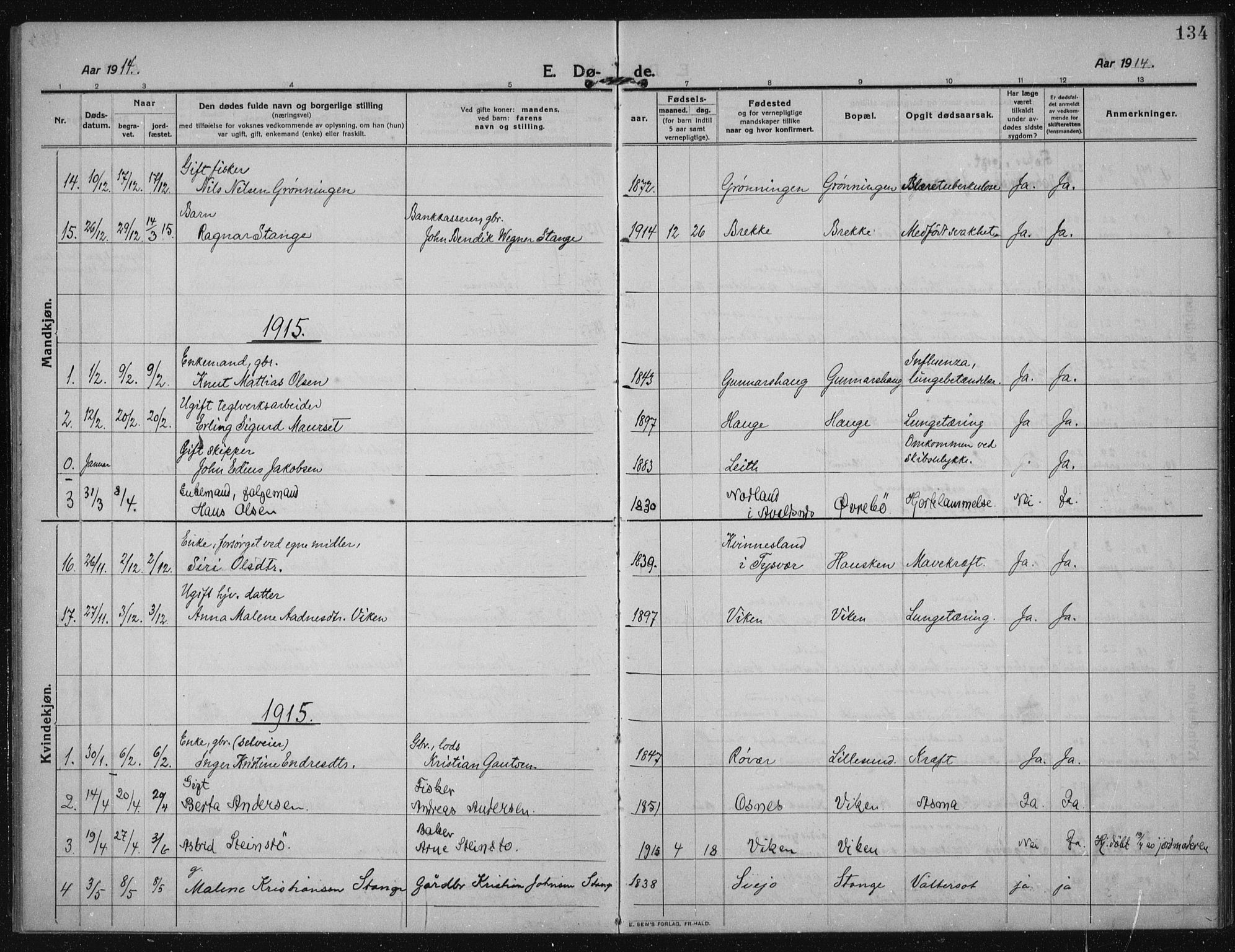 Torvastad sokneprestkontor, AV/SAST-A -101857/H/Ha/Haa/L0019: Parish register (official) no. A 18, 1912-1920, p. 134