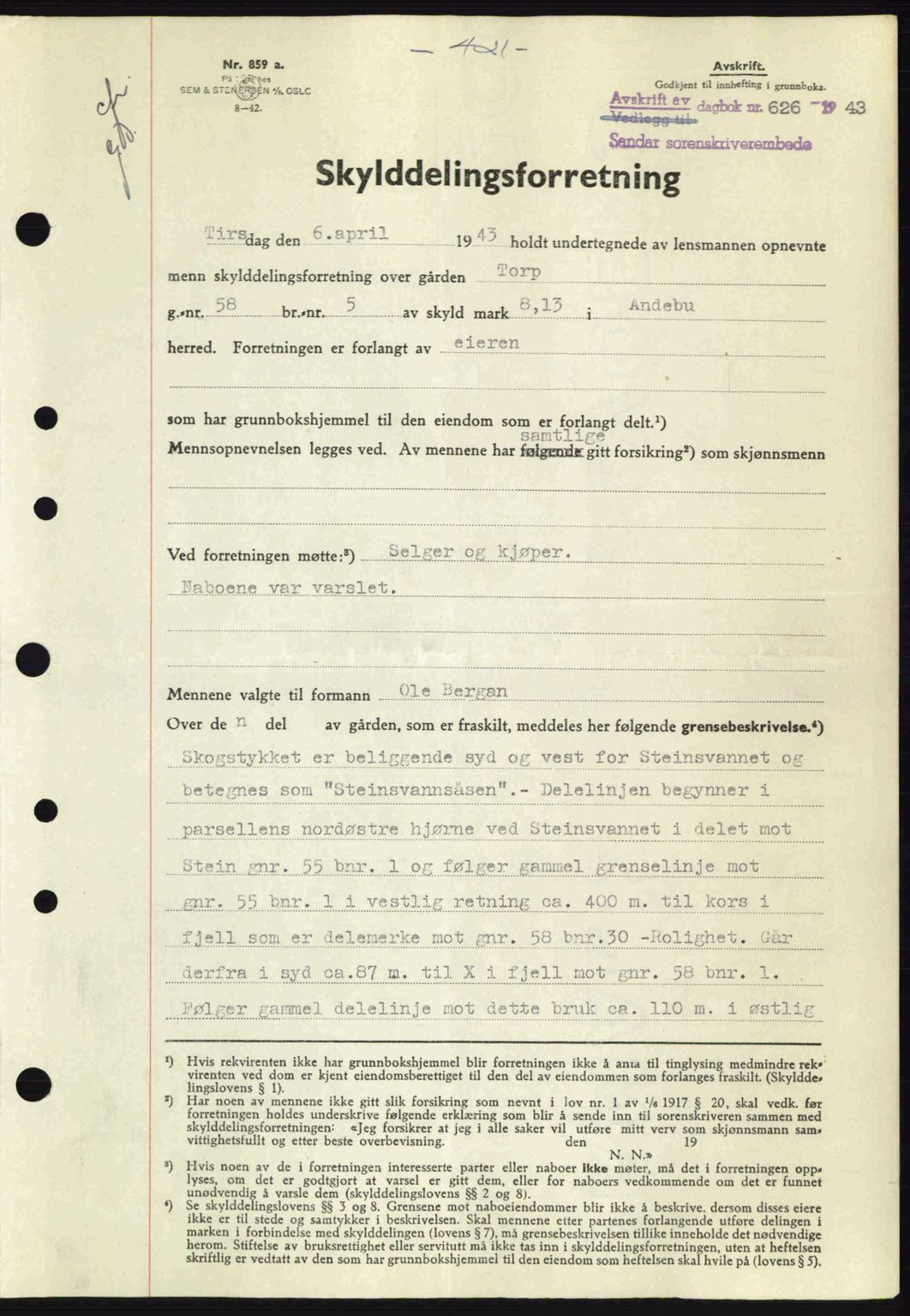 Jarlsberg sorenskriveri, SAKO/A-131/G/Ga/Gaa/L0013: Mortgage book no. A-13, 1942-1943, Diary no: : 626/1943