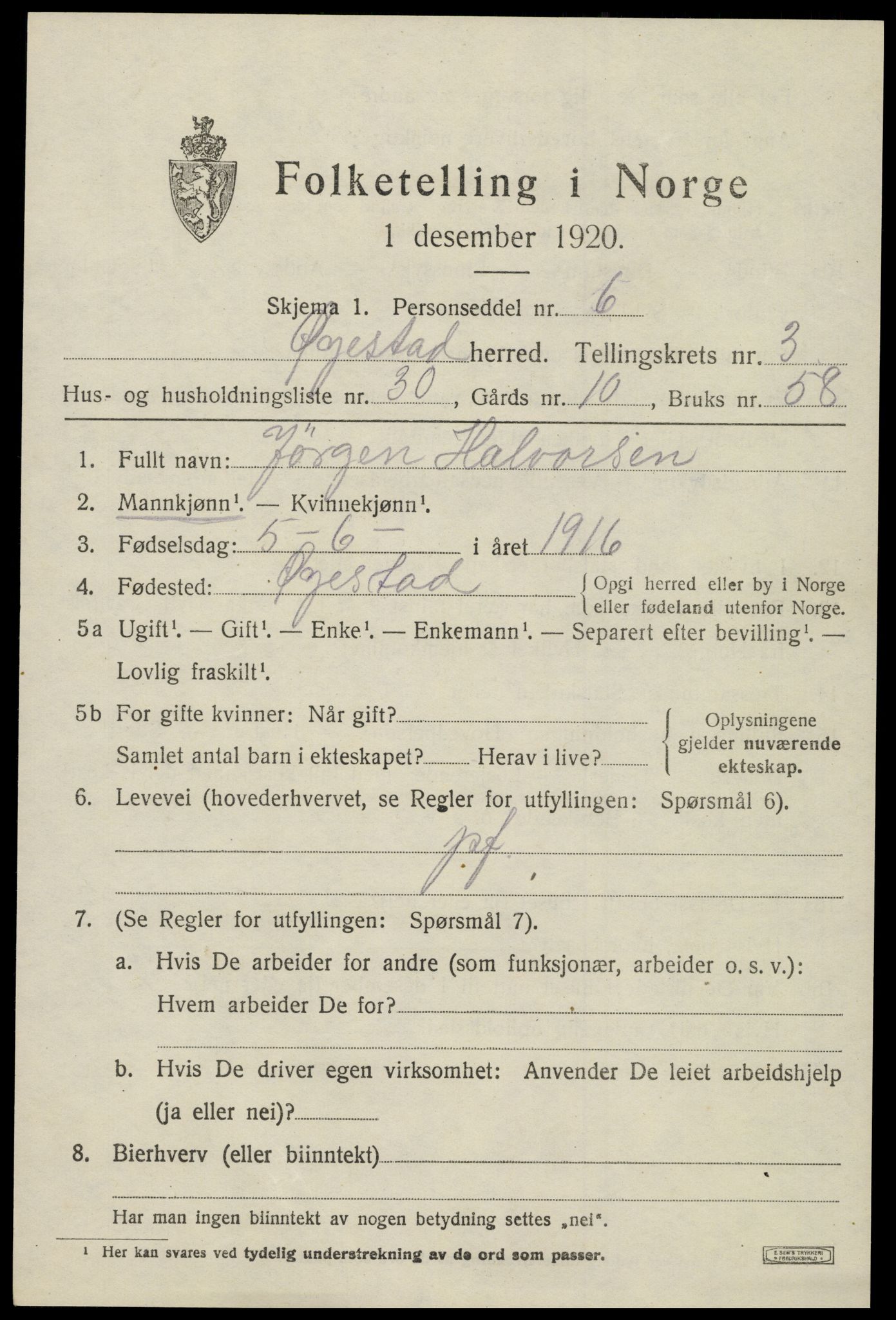 SAK, 1920 census for Øyestad, 1920, p. 2994