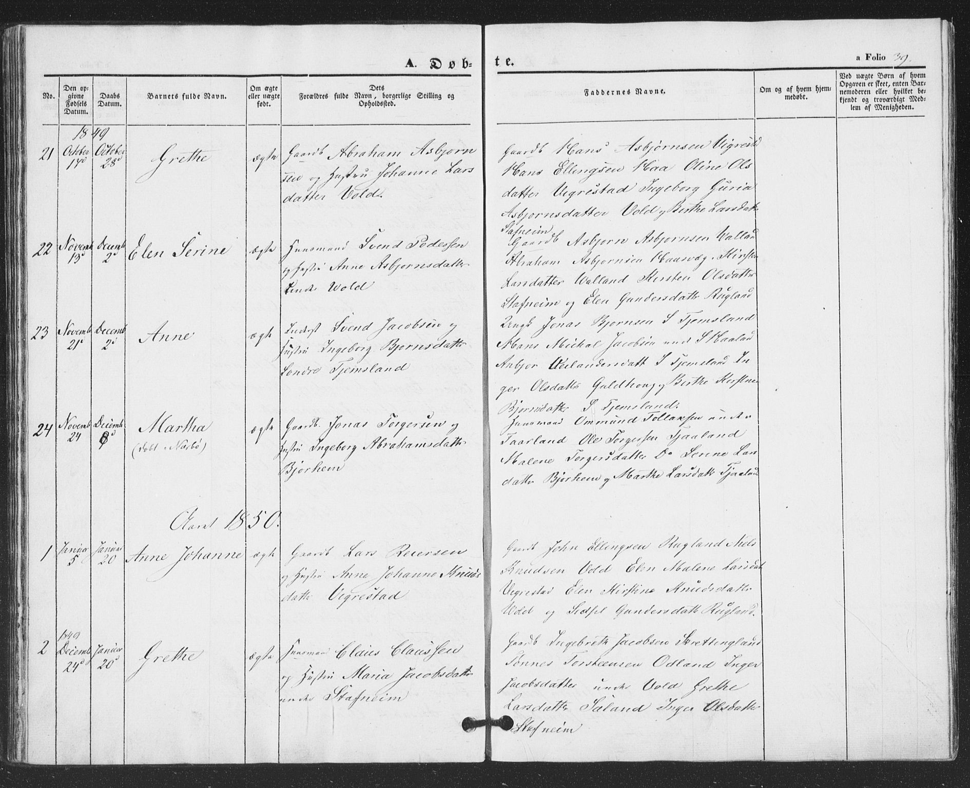 Hå sokneprestkontor, SAST/A-101801/001/30BA/L0007: Parish register (official) no. A 6, 1842-1855, p. 39