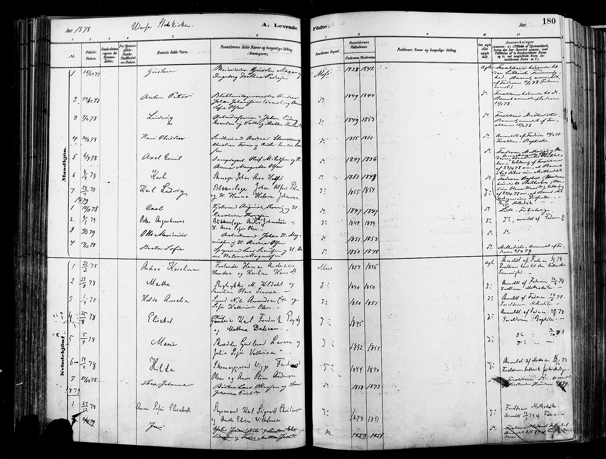 Moss prestekontor Kirkebøker, SAO/A-2003/F/Fb/L0001: Parish register (official) no. II 1, 1878-1886, p. 180