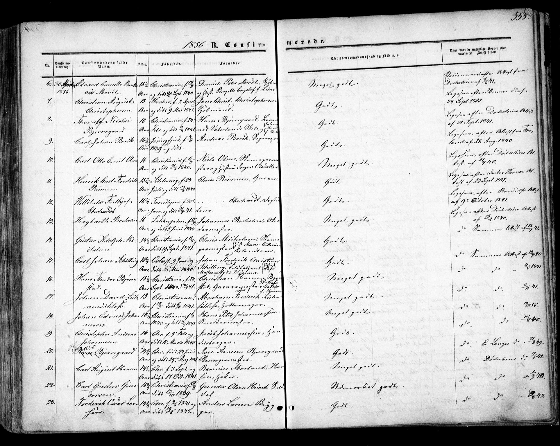 Oslo domkirke Kirkebøker, AV/SAO-A-10752/F/Fa/L0014: Parish register (official) no. 14, 1850-1857, p. 555