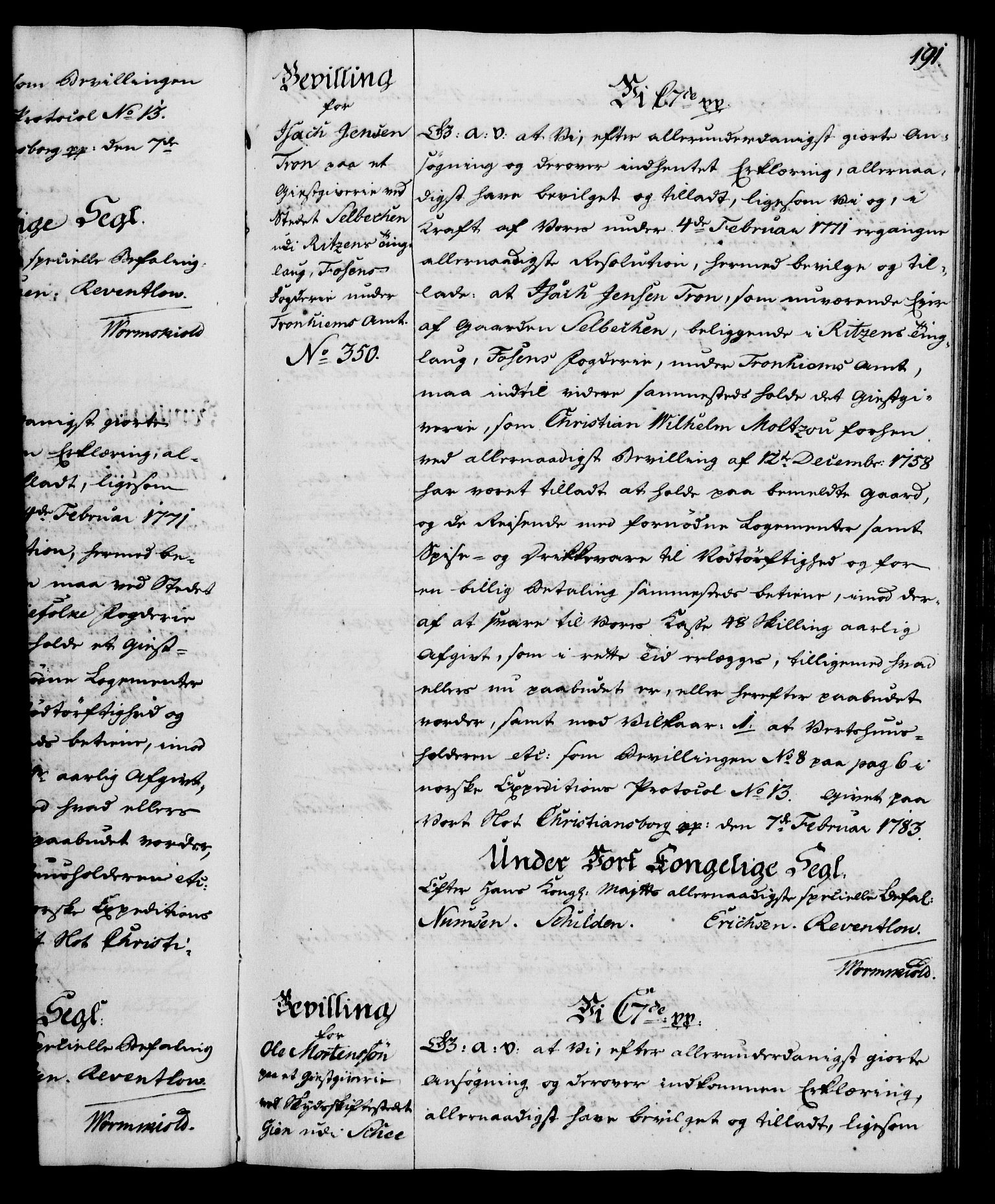 Rentekammeret, Kammerkanselliet, AV/RA-EA-3111/G/Gg/Gga/L0012: Norsk ekspedisjonsprotokoll med register (merket RK 53.12), 1781-1783, p. 191