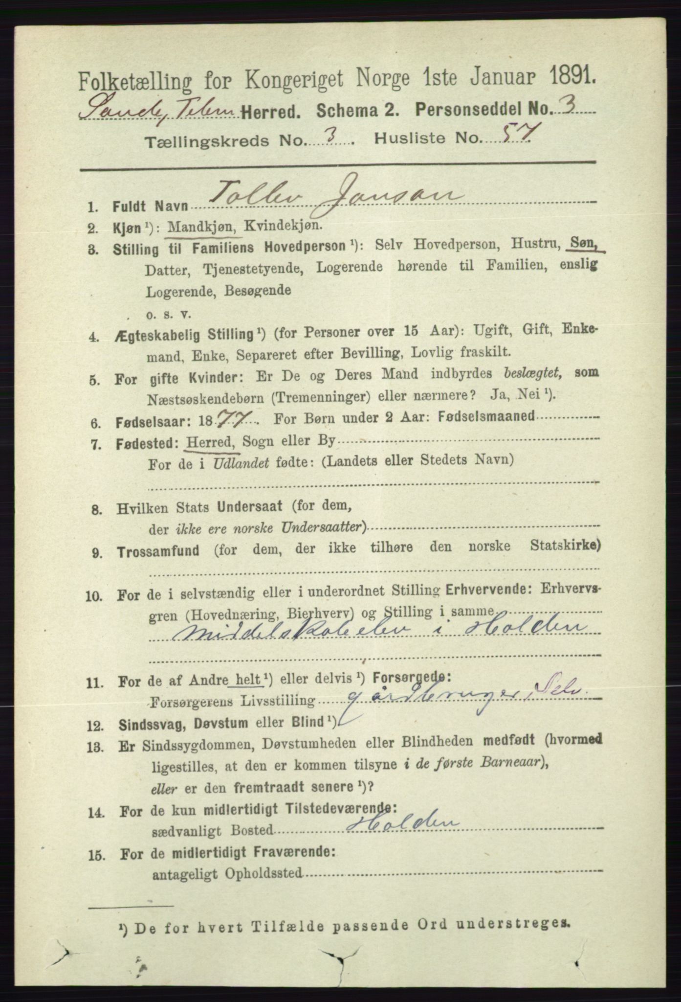 RA, 1891 census for 0822 Sauherad, 1891, p. 1039