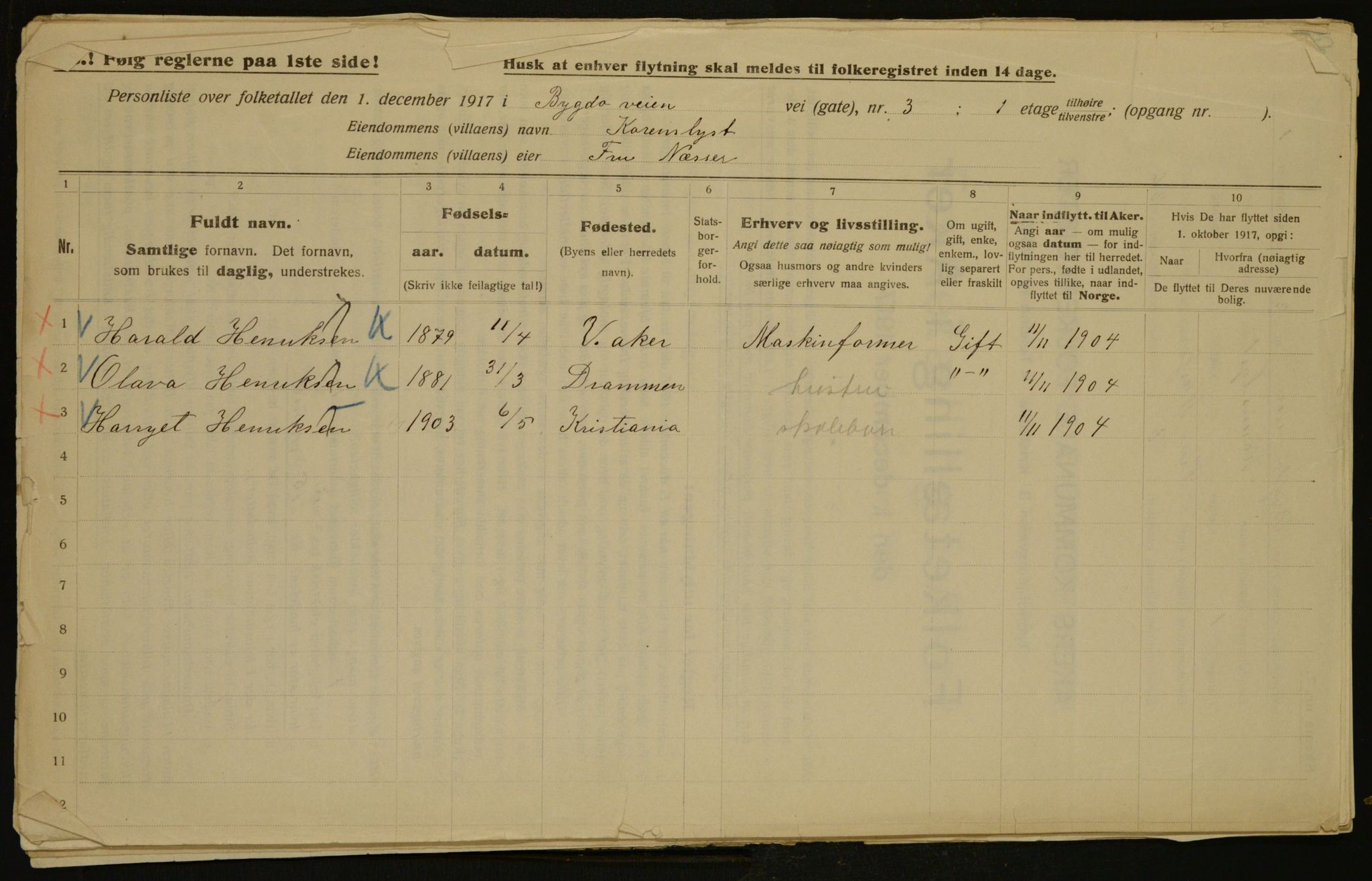 OBA, Municipal Census 1917 for Aker, 1917, p. 4357