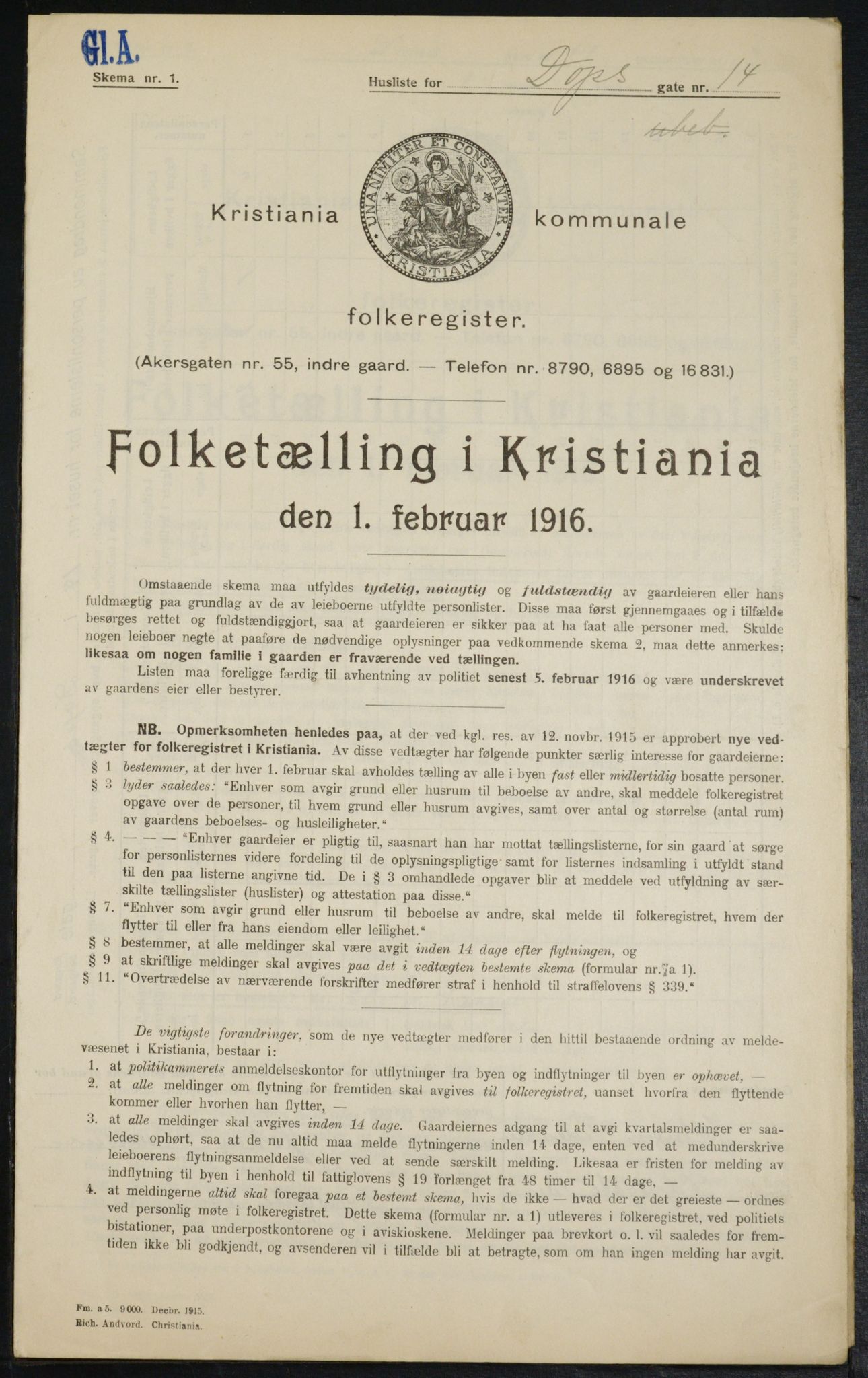 OBA, Municipal Census 1916 for Kristiania, 1916, p. 16085