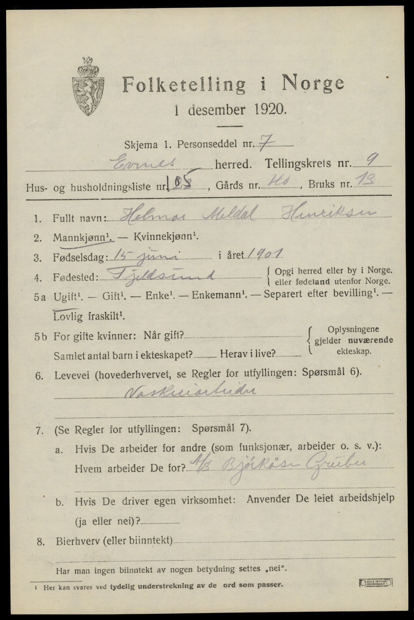 SAT, 1920 census for Evenes, 1920, p. 9166