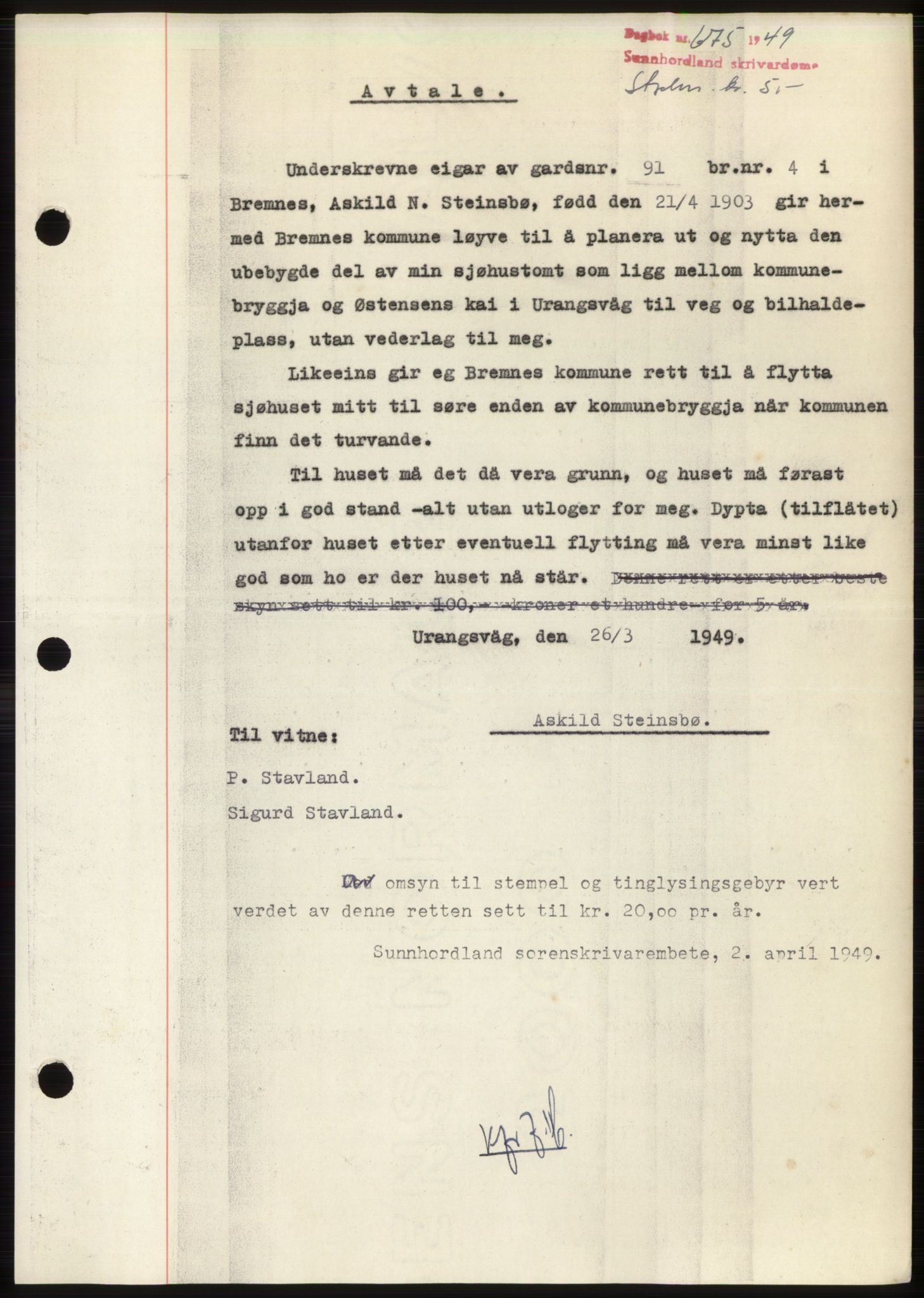 Sunnhordland sorenskrivar, AV/SAB-A-2401: Mortgage book no. B75-79, 1948-1950, Diary no: : 675/1949