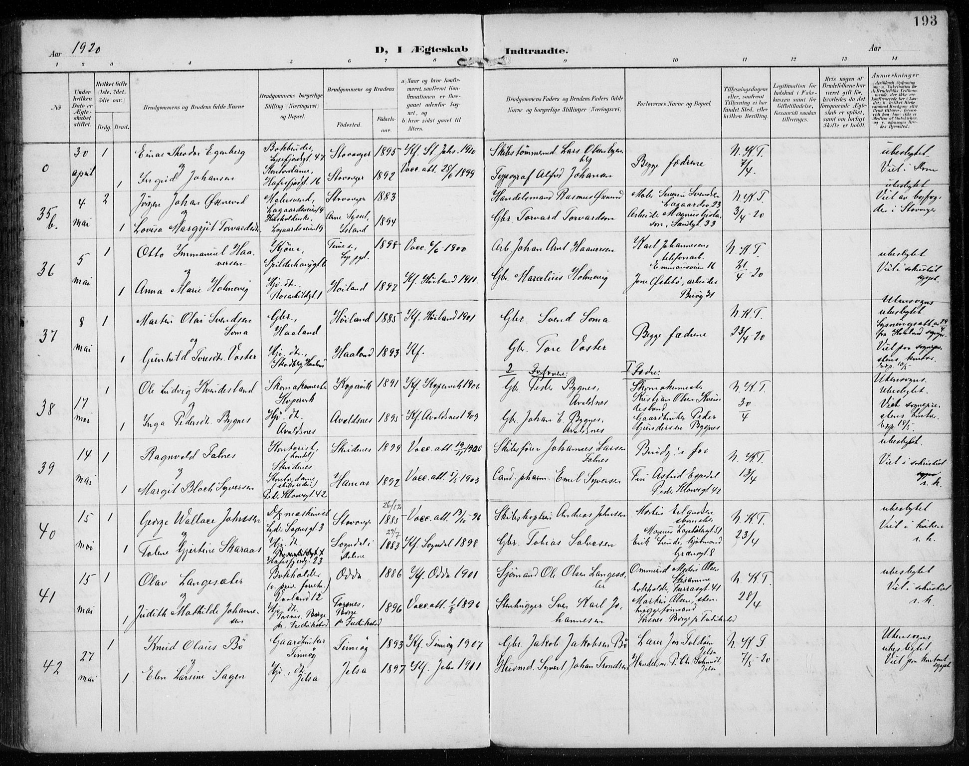 St. Petri sokneprestkontor, AV/SAST-A-101813/002/A/L0003: Parish register (official) no. A 24, 1900-1921, p. 193