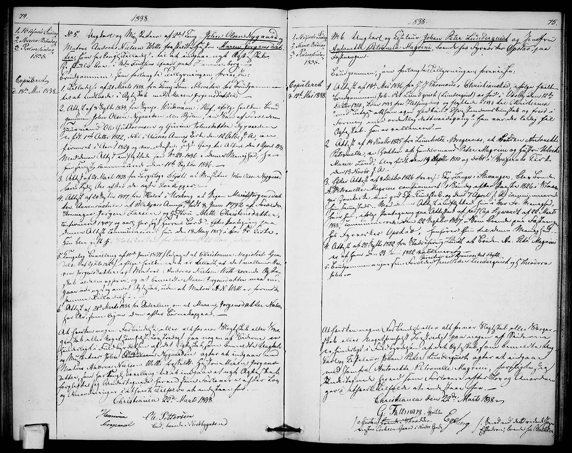 Garnisonsmenigheten Kirkebøker, AV/SAO-A-10846/H/Ha/L0003: Banns register no. I 3, 1835-1840, p. 74-75