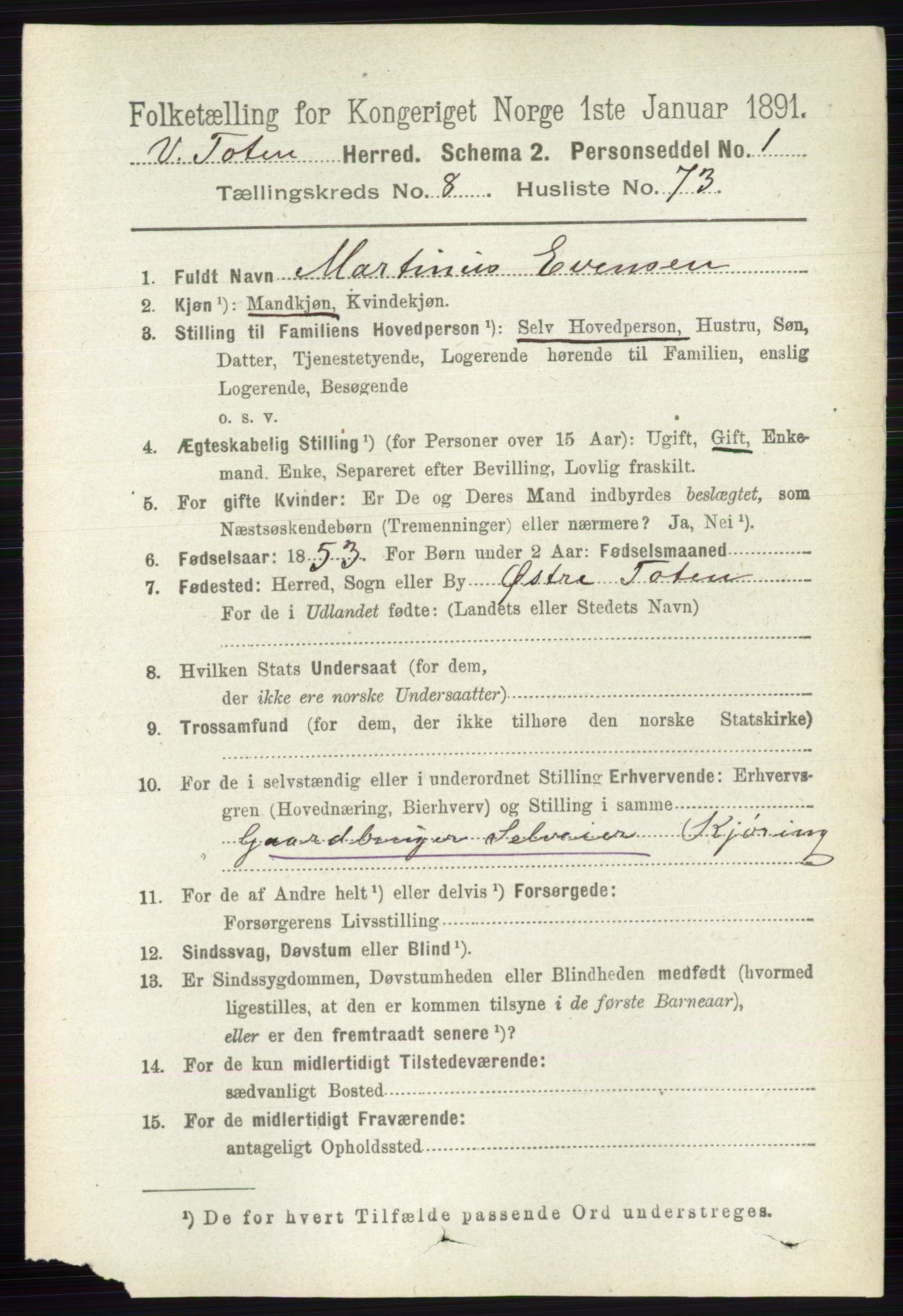 RA, 1891 census for 0529 Vestre Toten, 1891, p. 5410